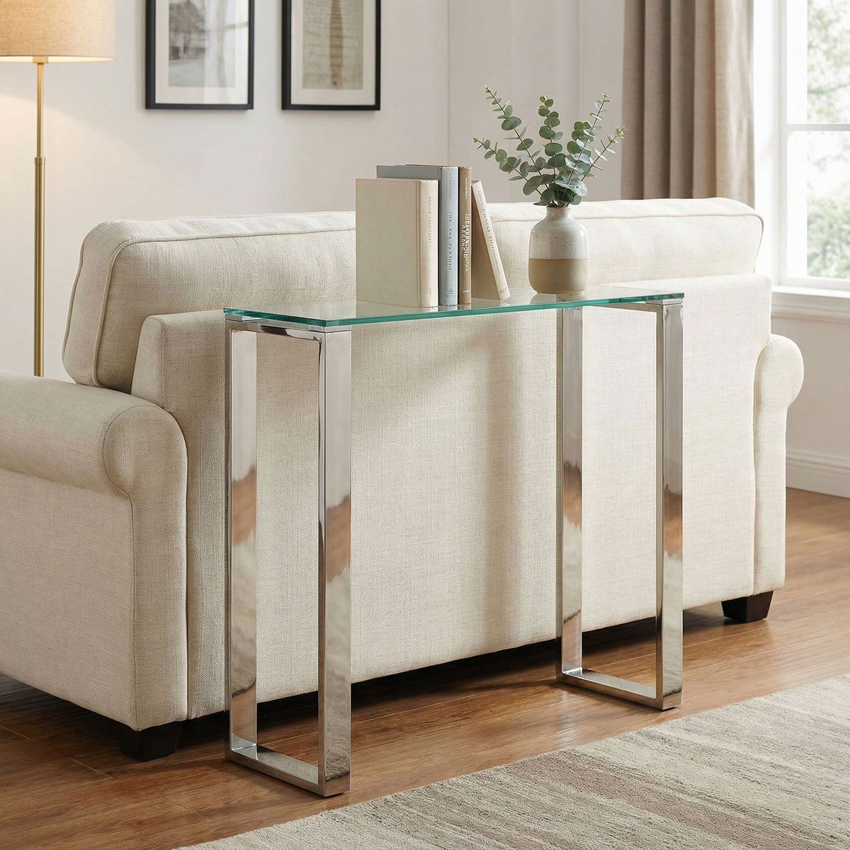 Forli Small Entry Way Console Table Contemporary Glass and Stainless Steel Finish, 28" Wide