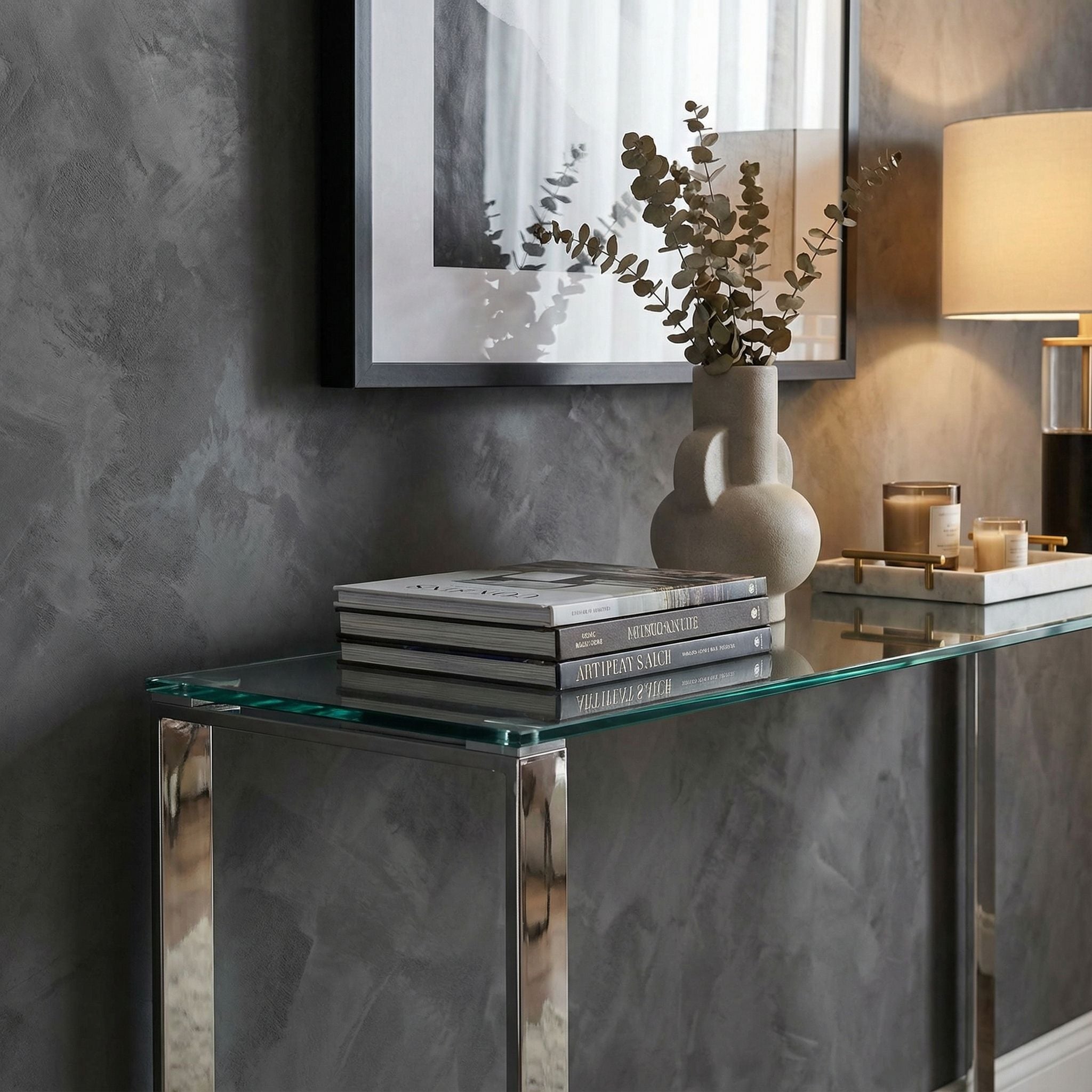 Remi Contemporary Glass Console Table with Chrome Finish