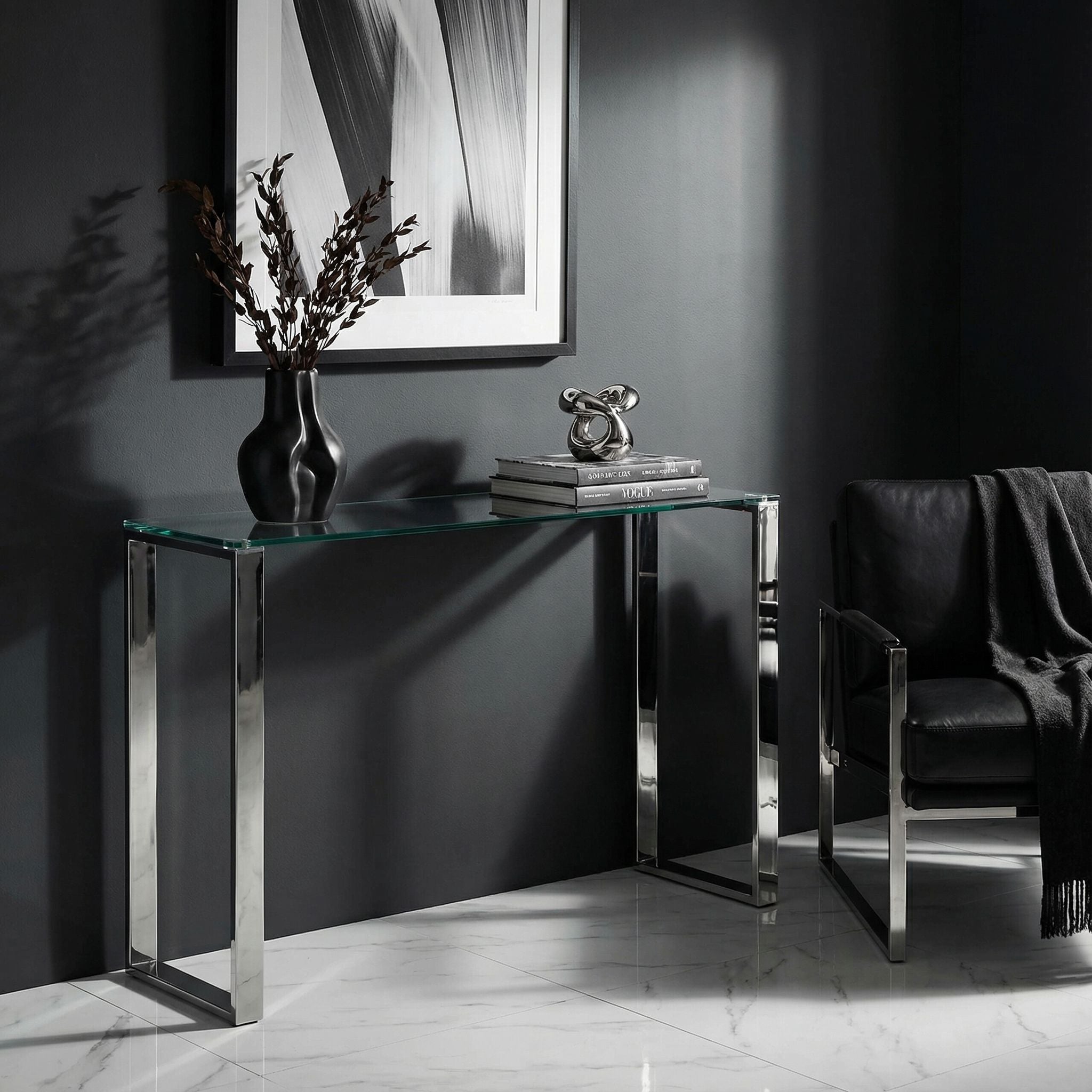 Remi Contemporary Glass Console Table with Chrome Finish