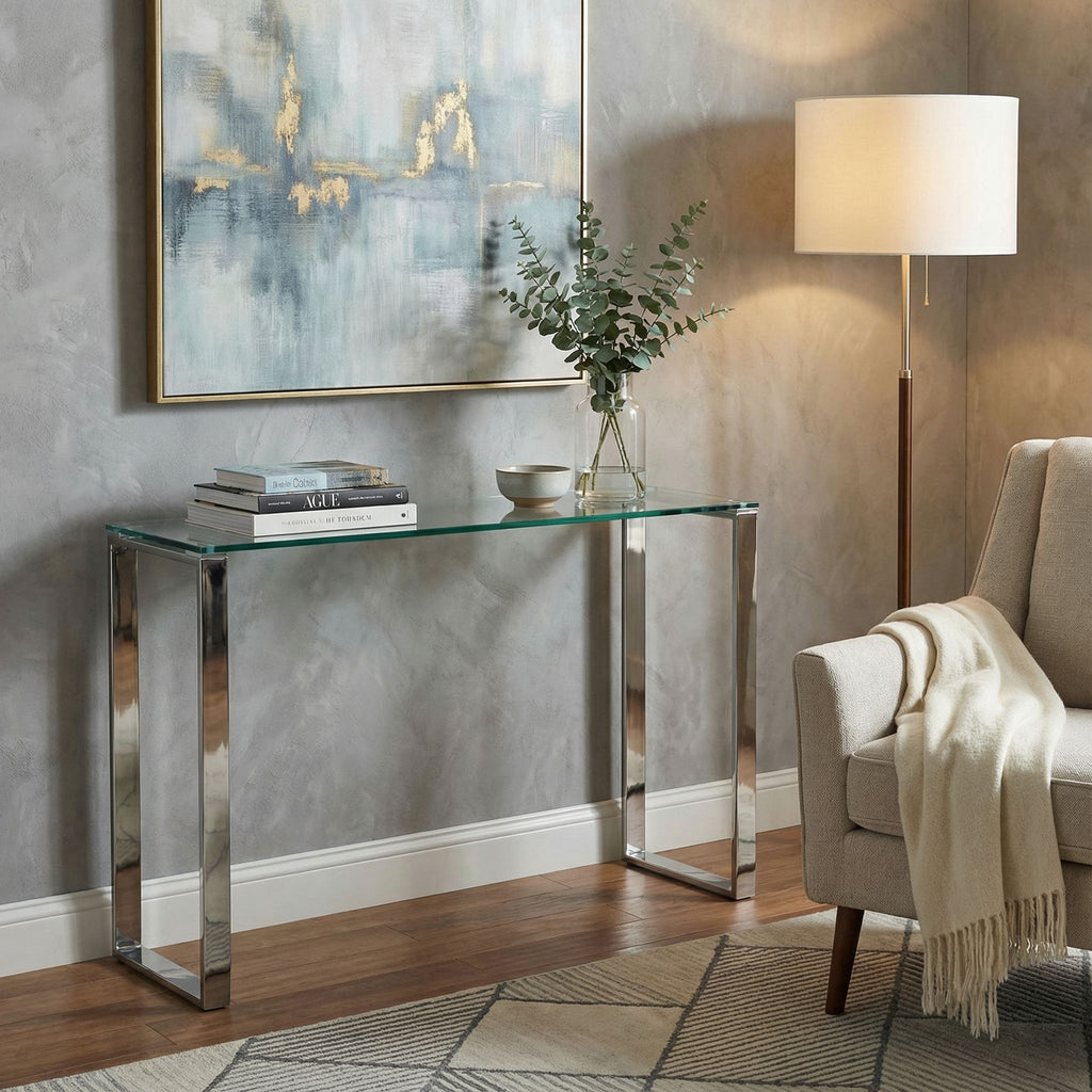 Remi Contemporary Glass Console Table with Chrome Finish