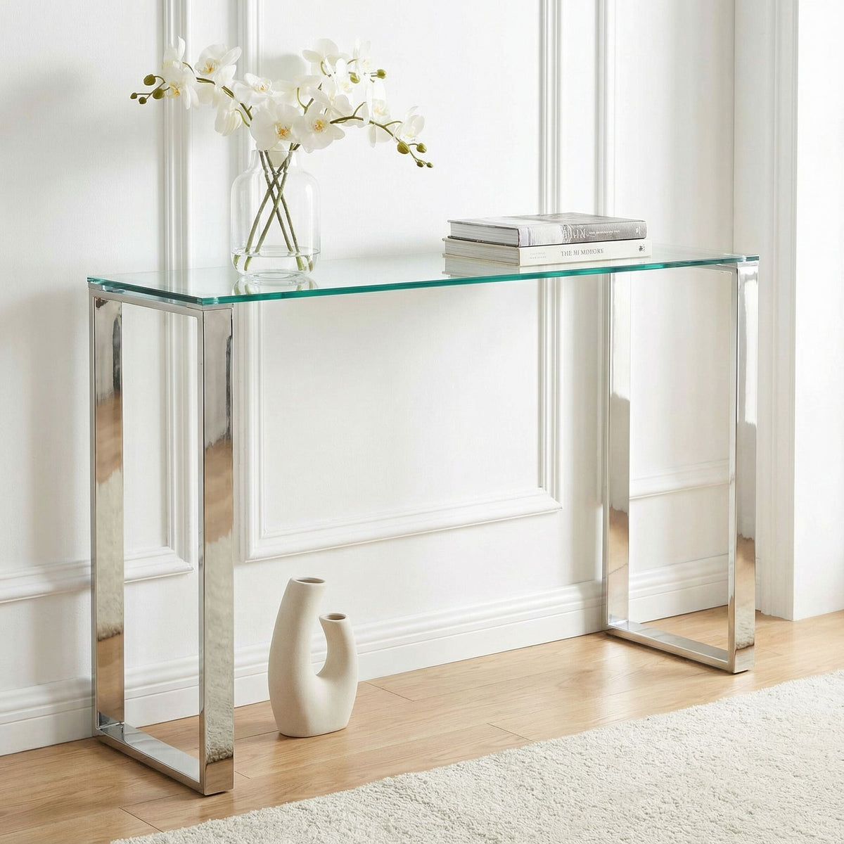 Remi Contemporary Glass Console Table with Chrome Finish