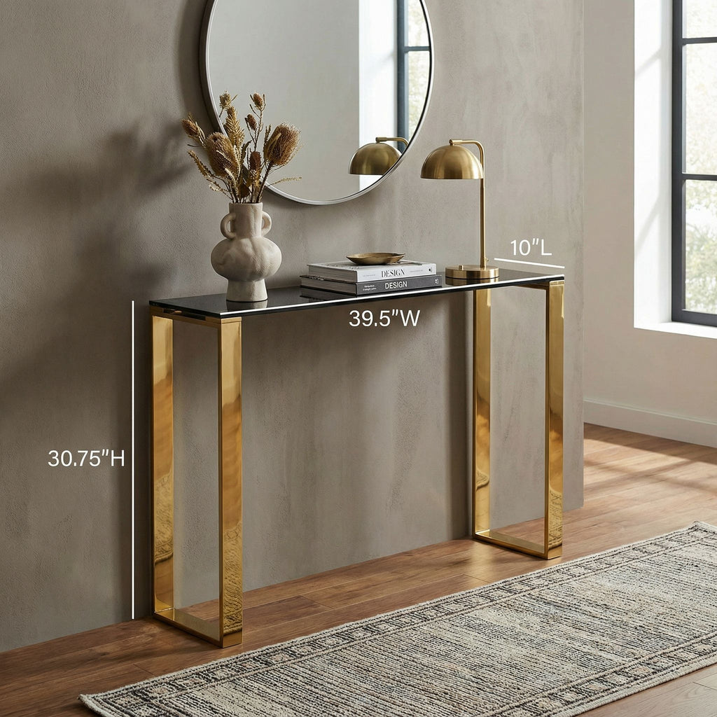 Remini Narrow Contemporary Glass Console Table in Polished Gold Finish, Black Glass