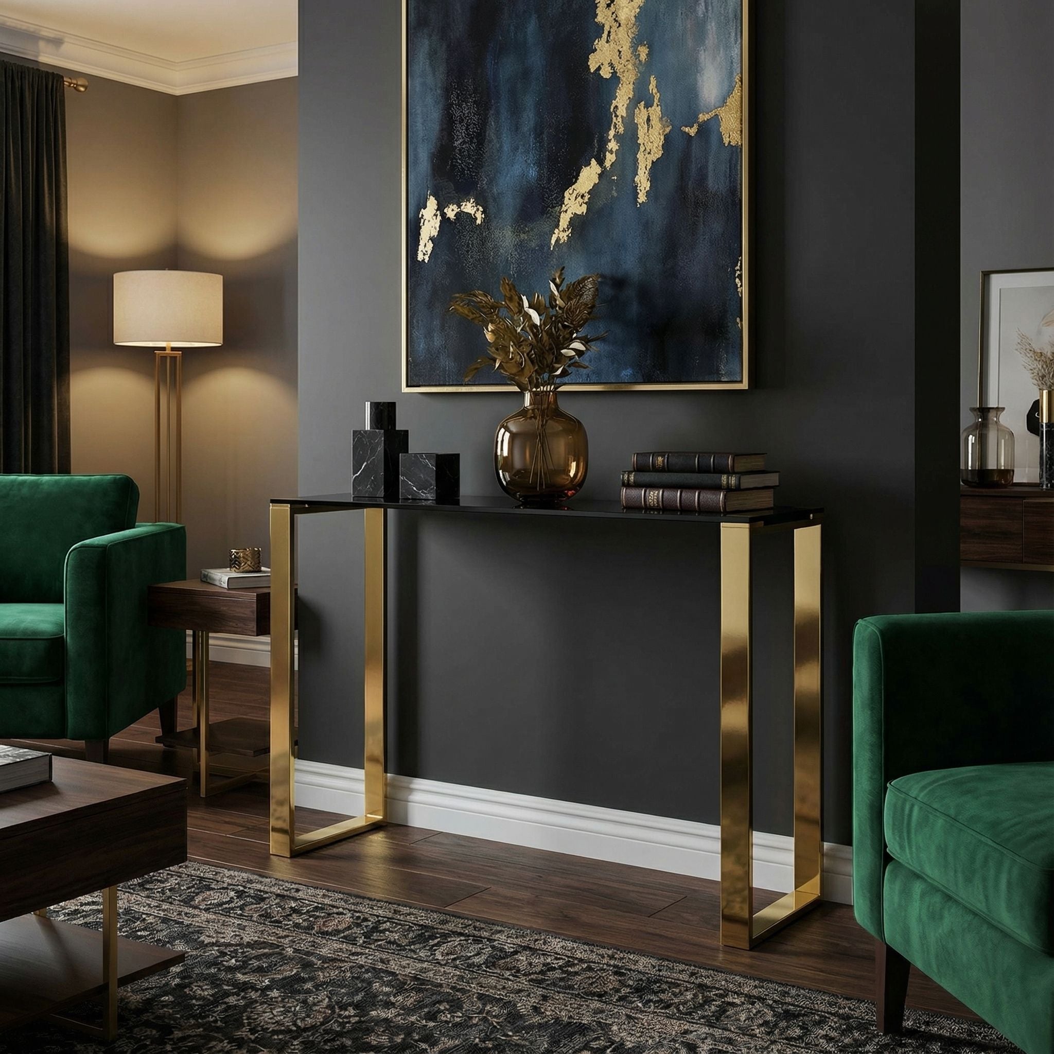 Remini Narrow Contemporary Glass Console Table in Polished Gold Finish, Black Glass