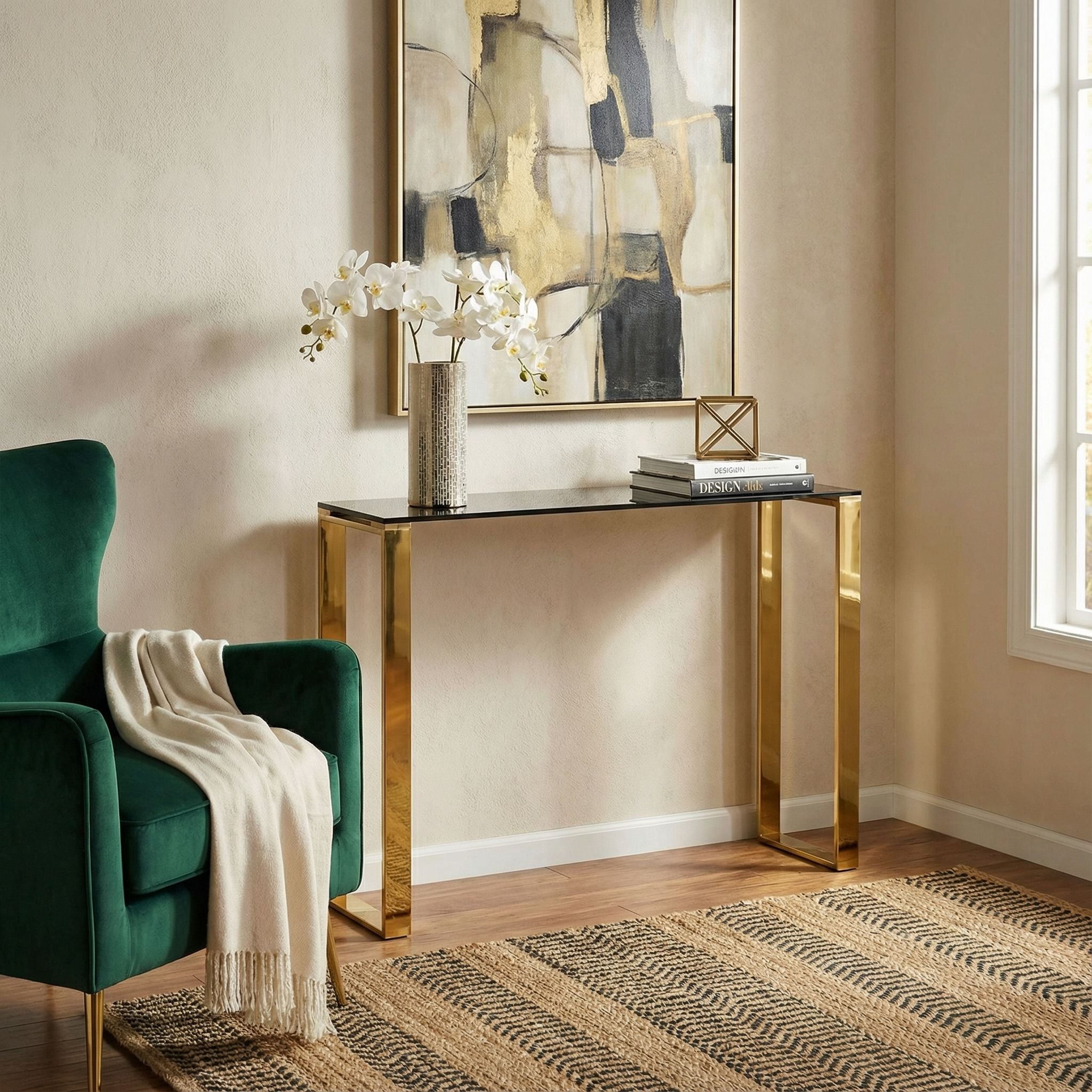 Remini Narrow Contemporary Glass Console Table in Polished Gold Finish, Black Glass