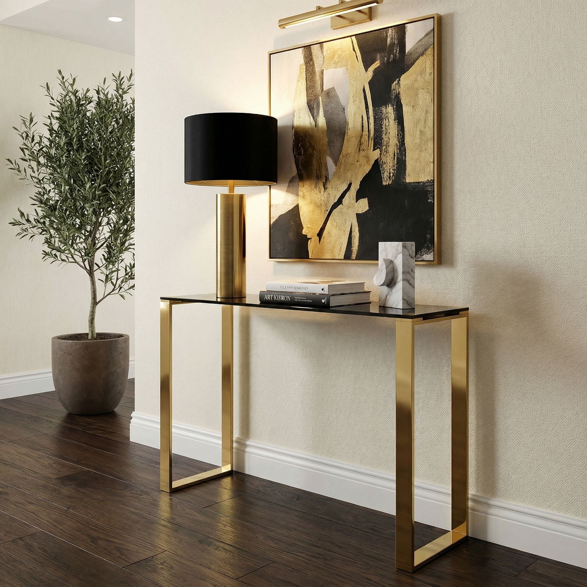 Remini Narrow Contemporary Glass Console Table in Polished Gold Finish, Black Glass