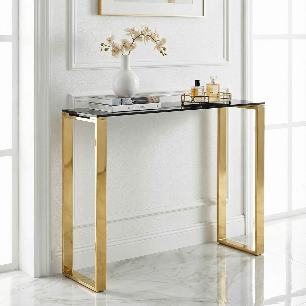 Remini Narrow Contemporary Glass Console Table in Polished Gold Finish, Black Glass