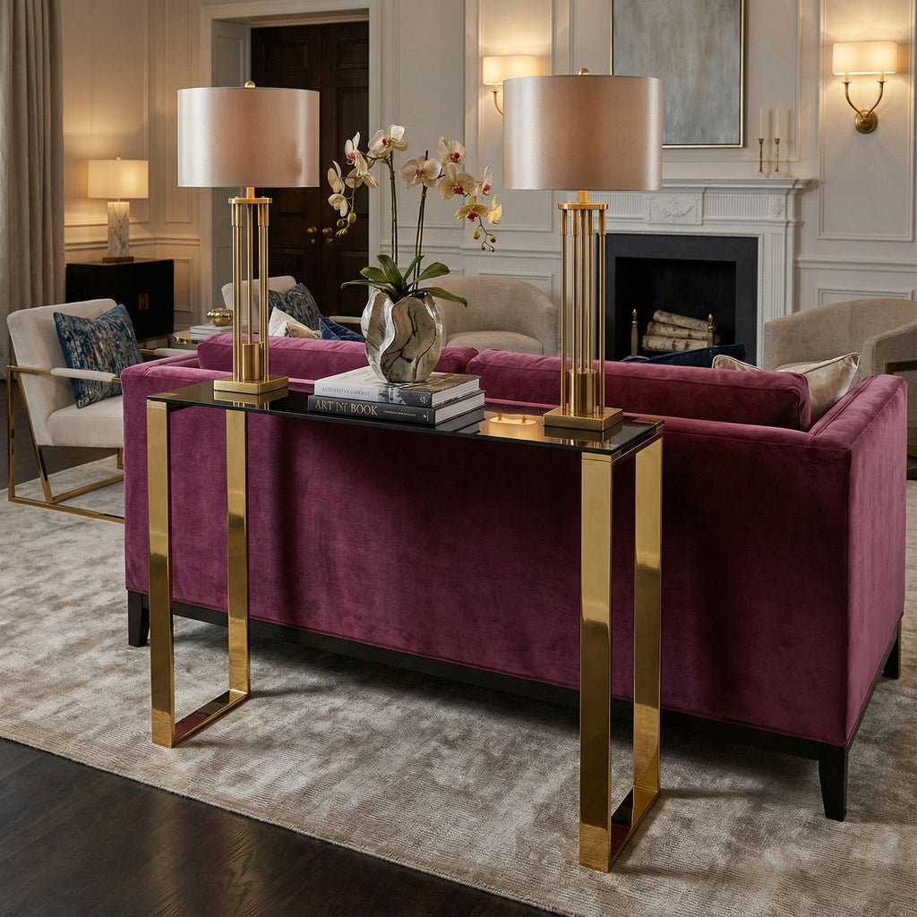 Remini Narrow Contemporary Glass Console Table in Polished Gold Finish, Black Glass