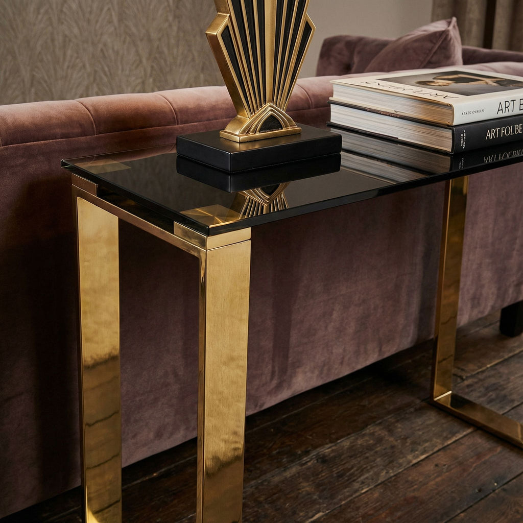Remini Narrow Contemporary Glass Console Table in Polished Gold Finish, Black Glass