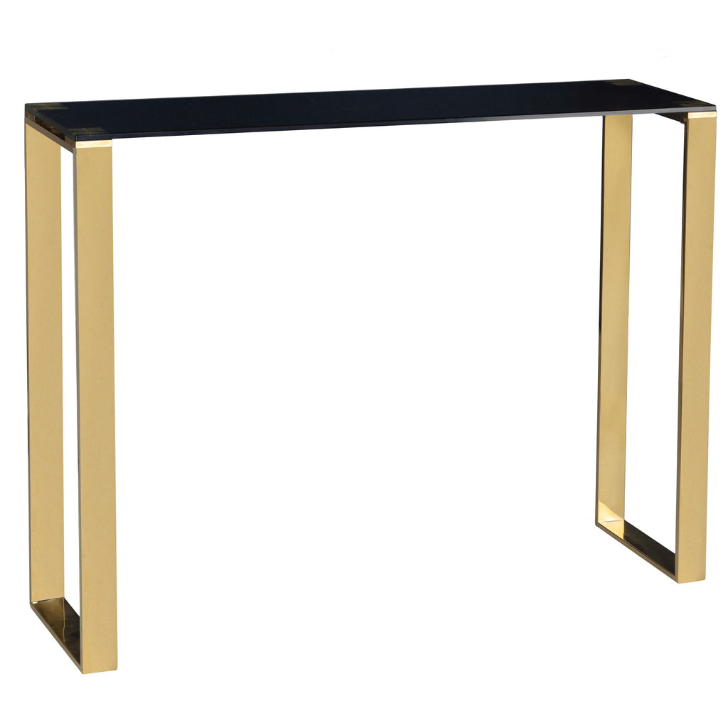 Remini Narrow Contemporary Glass Console Table in Polished Gold Finish, Black Glass