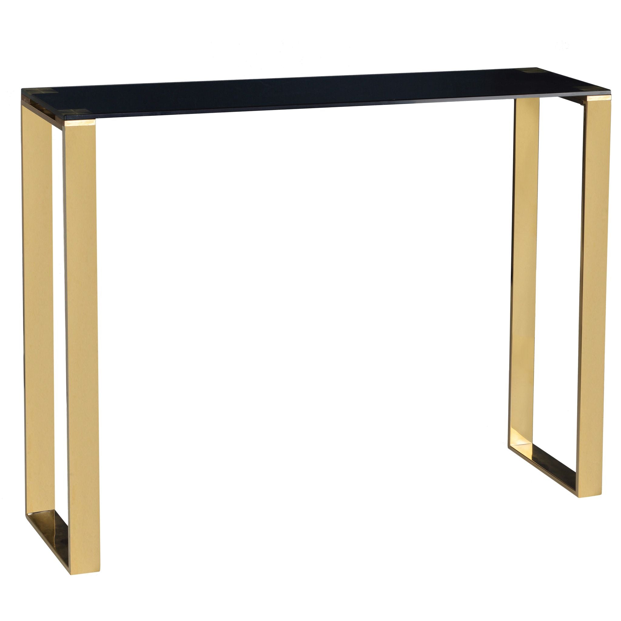 Remini Narrow Contemporary Glass Console Table in Polished Gold Finish, Black Glass
