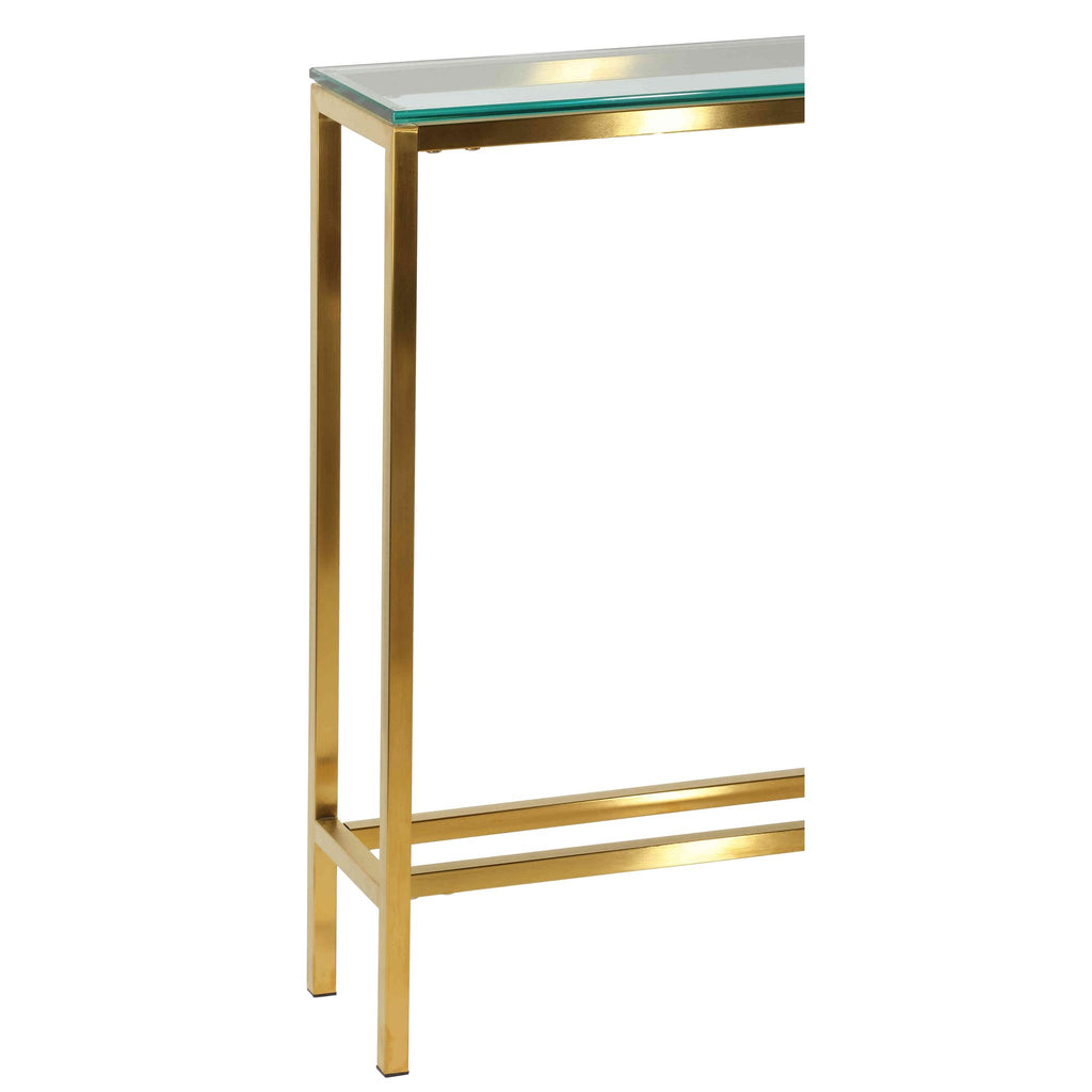 Cortesi Home Juan Console Table, Brushed Gold Color with Clear 10mm Glass, Skinny 56" x 8"