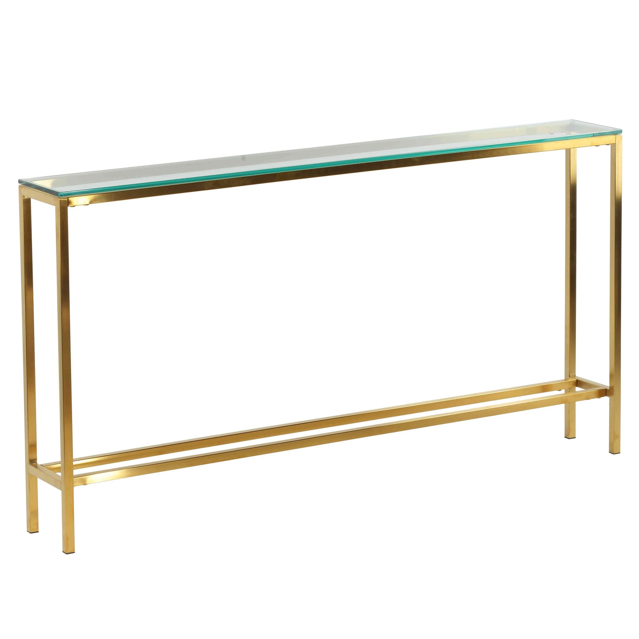 Cortesi Home Juan Console Table, Brushed Gold Color with Clear 10mm Glass, Skinny 56" x 8"