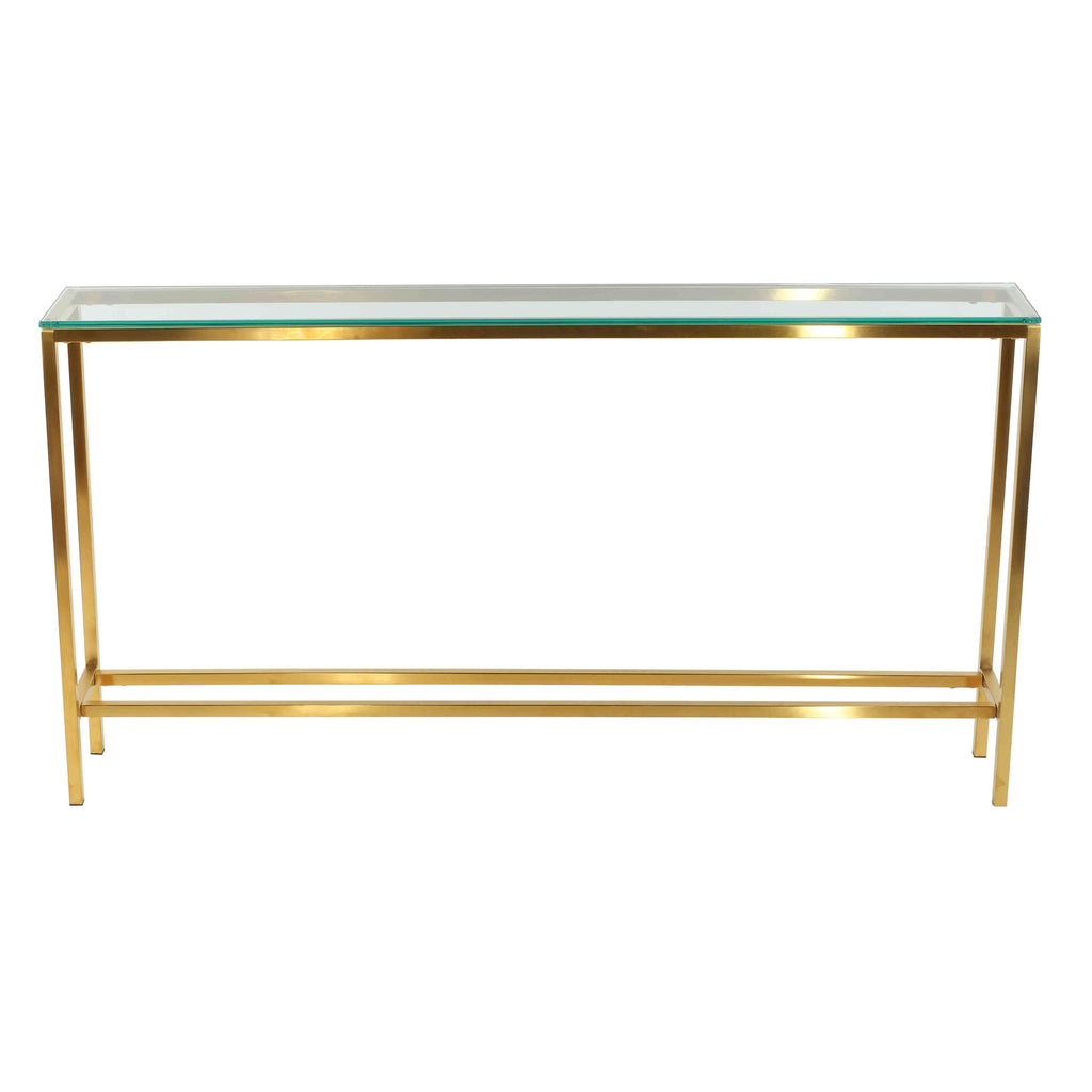 Cortesi Home Juan Console Table, Brushed Gold Color with Clear 10mm Glass, Skinny 56" x 8"