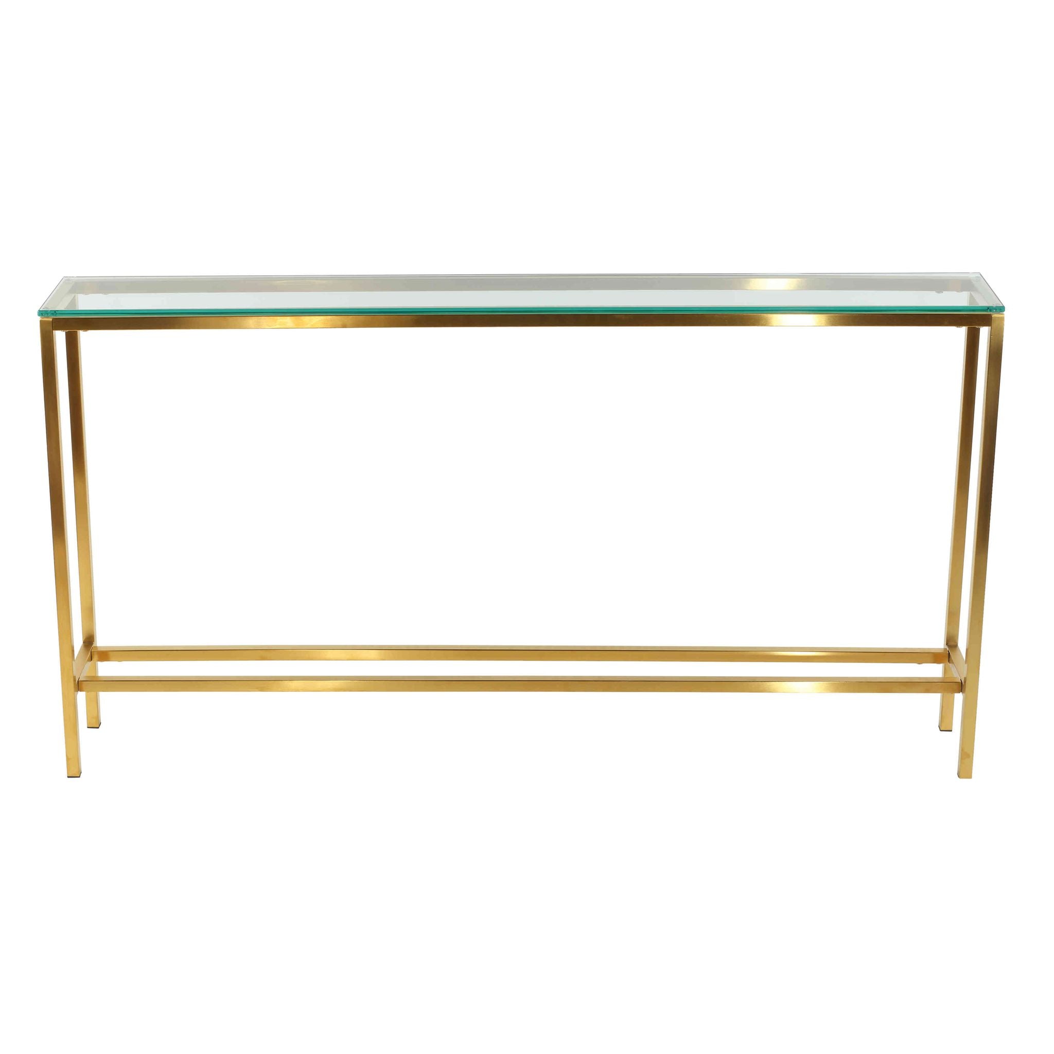 Cortesi Home Juan Console Table, Brushed Gold Color with Clear 10mm Glass, Skinny 56" x 8"