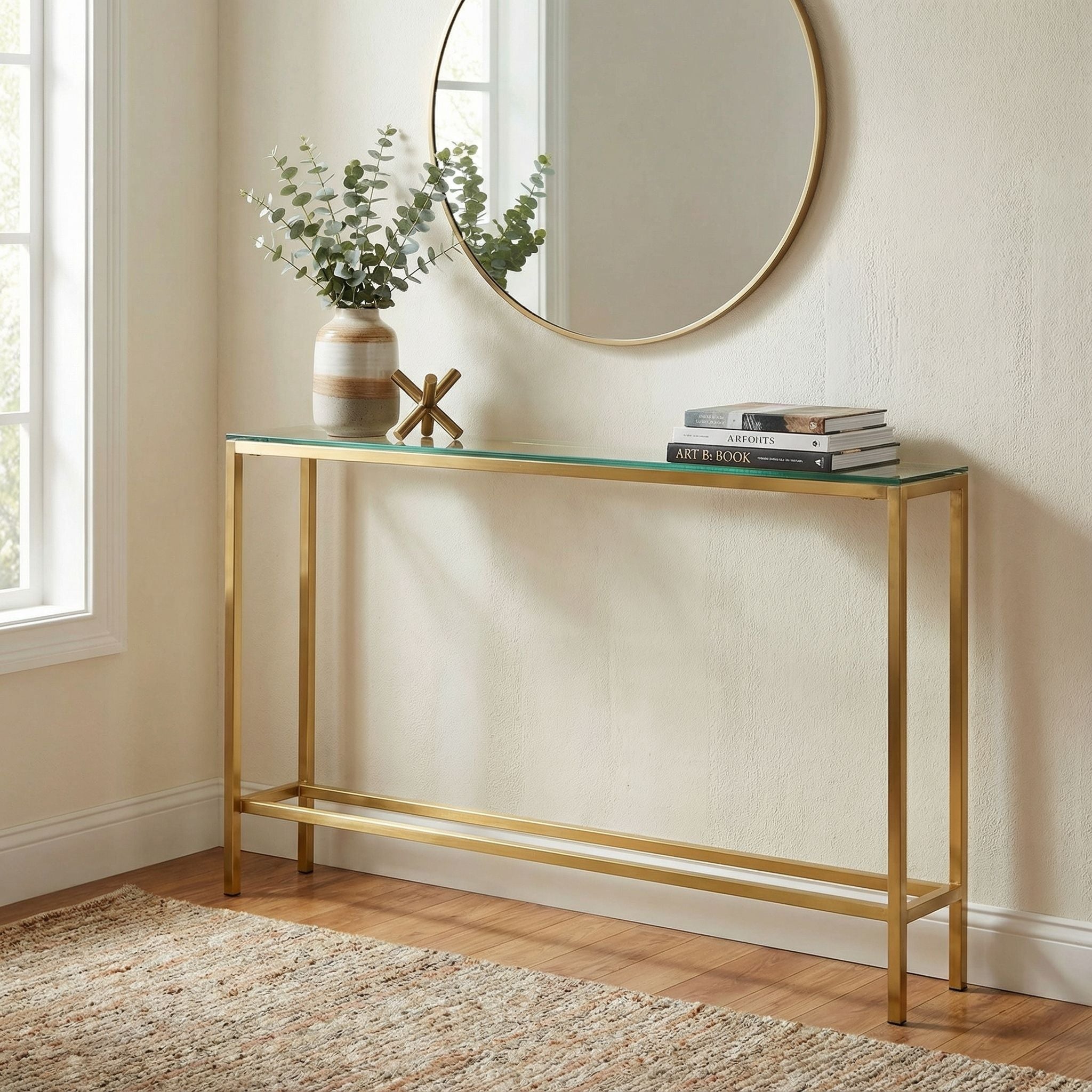 Cortesi Home Juan Console Table, Brushed Gold Color with Clear 10mm Glass, Skinny 56" x 8"
