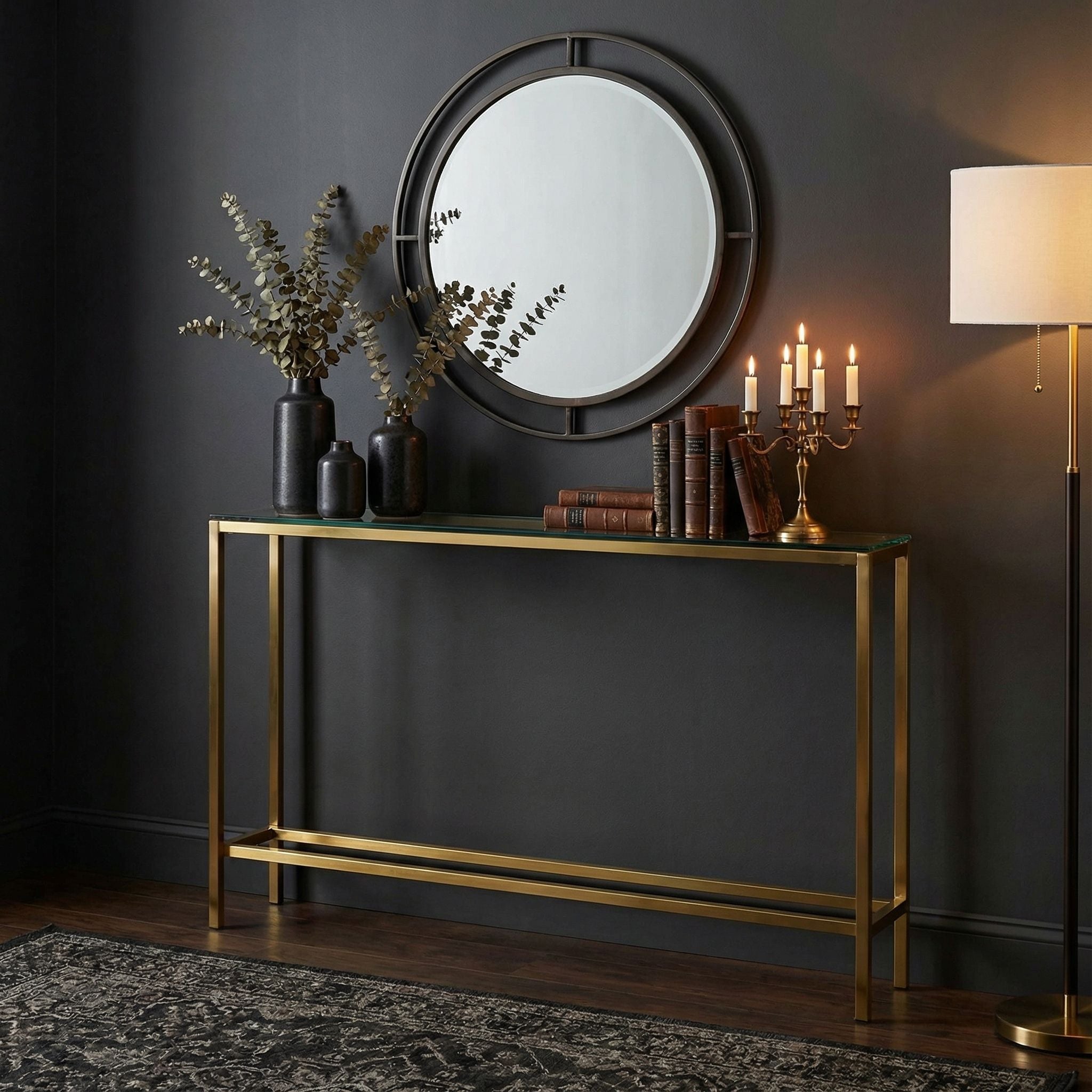 Cortesi Home Juan Console Table, Brushed Gold Color with Clear 10mm Glass, Skinny 56" x 8"
