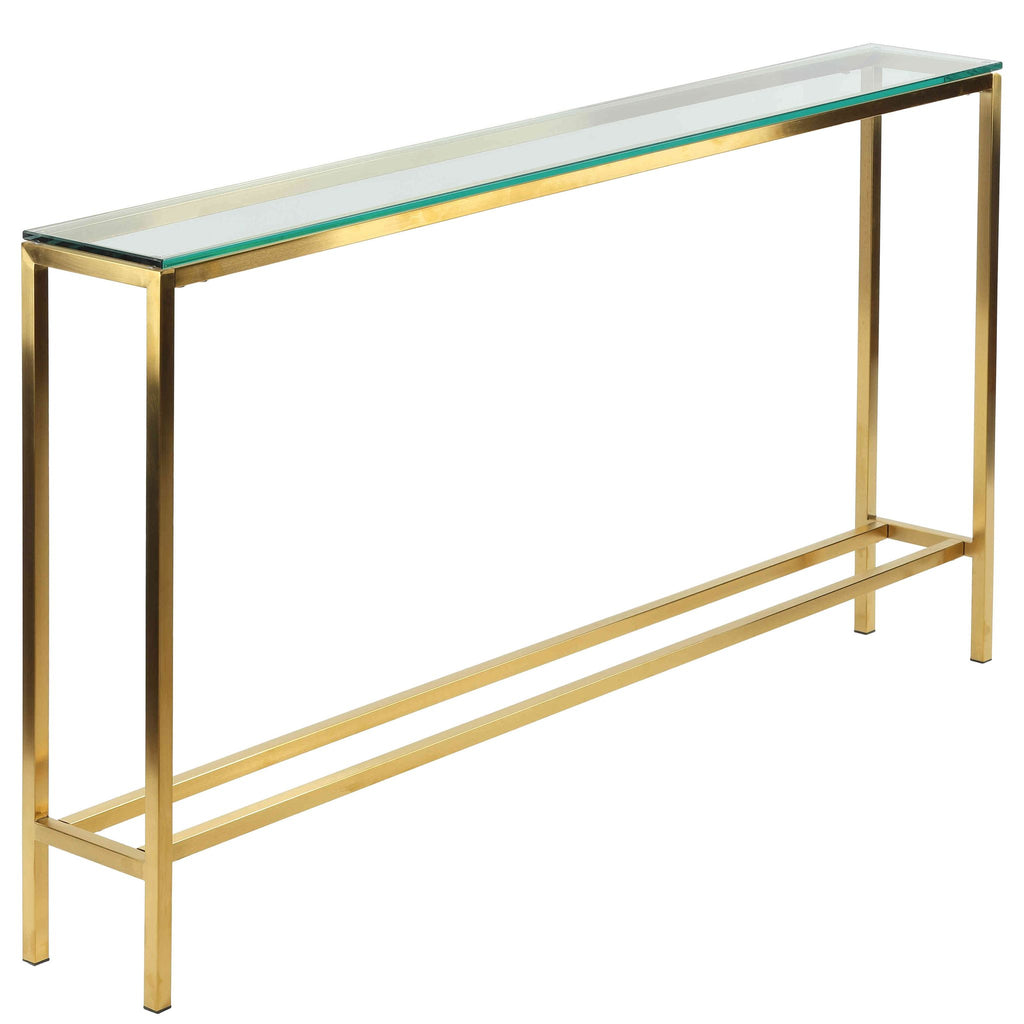 Cortesi Home Juan Console Table, Brushed Gold Color with Clear 10mm Glass, Skinny 56" x 8"