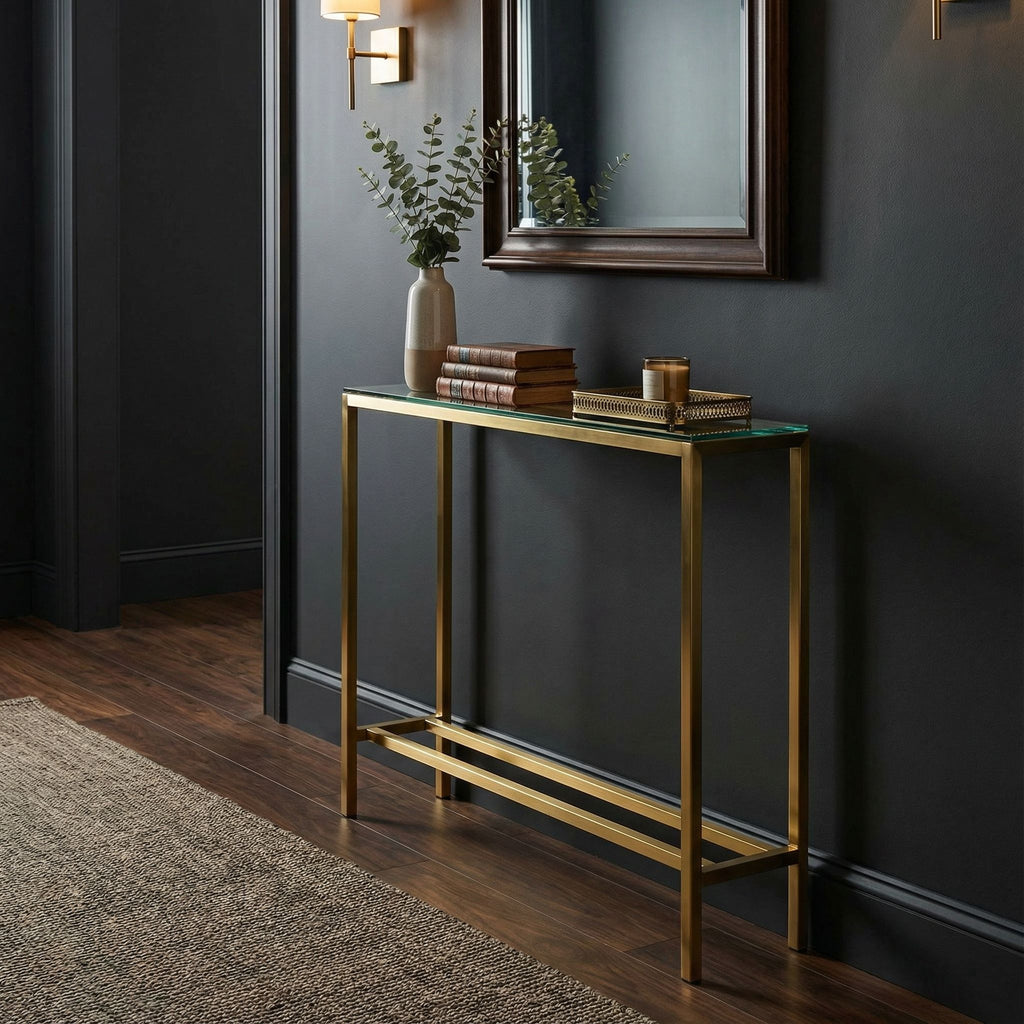 Cortesi Home Julie Console Table, Brushed Gold Color with Clear 10mm Glass, Skinny 28" x 8"