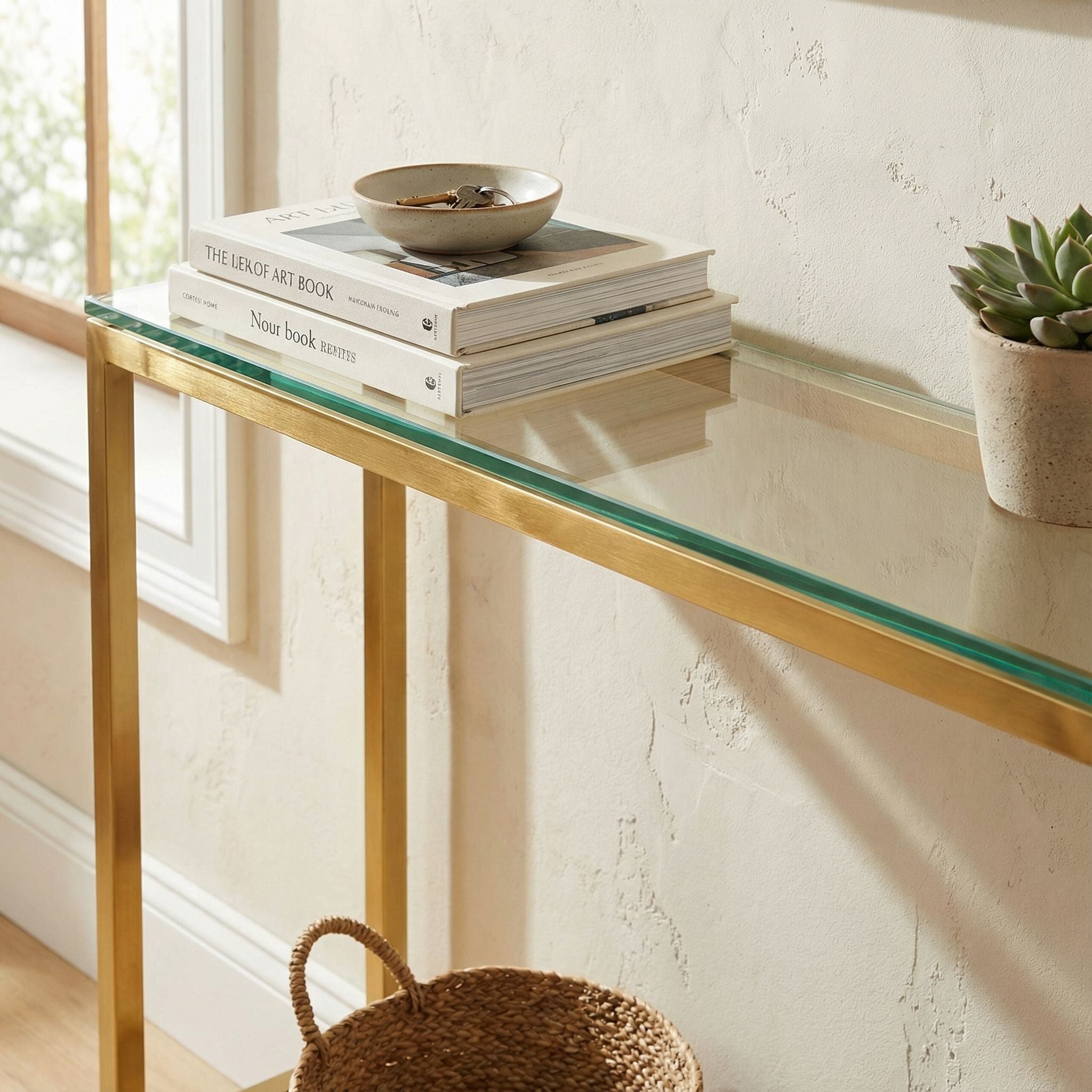 Cortesi Home Julie Console Table, Brushed Gold Color with Clear 10mm Glass, Skinny 28" x 8"