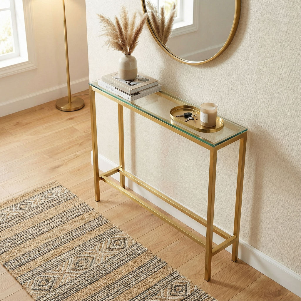 Cortesi Home Julie Console Table, Brushed Gold Color with Clear 10mm Glass, Skinny 28" x 8"