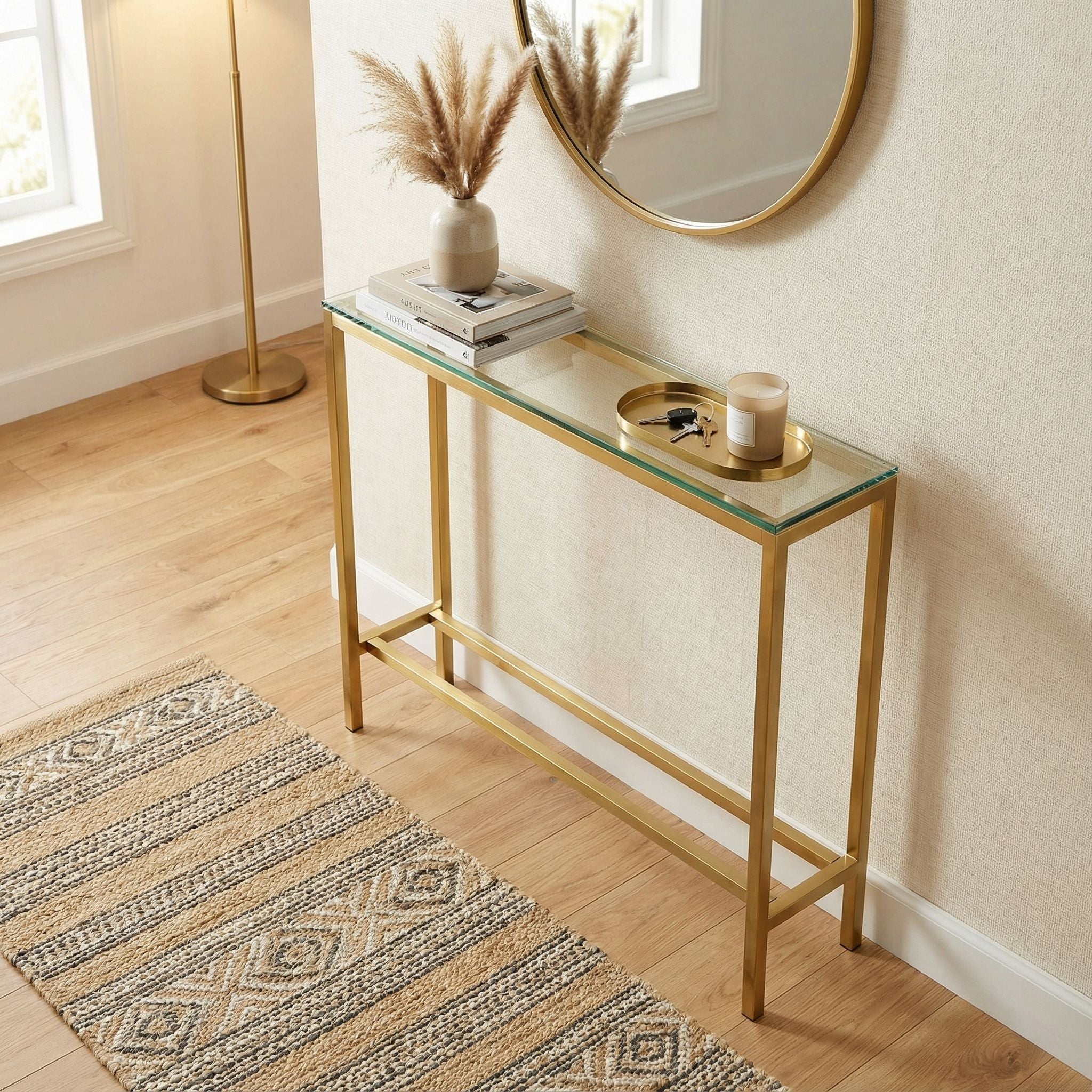 Cortesi Home Julie Console Table, Brushed Gold Color with Clear 10mm Glass, Skinny 28" x 8"