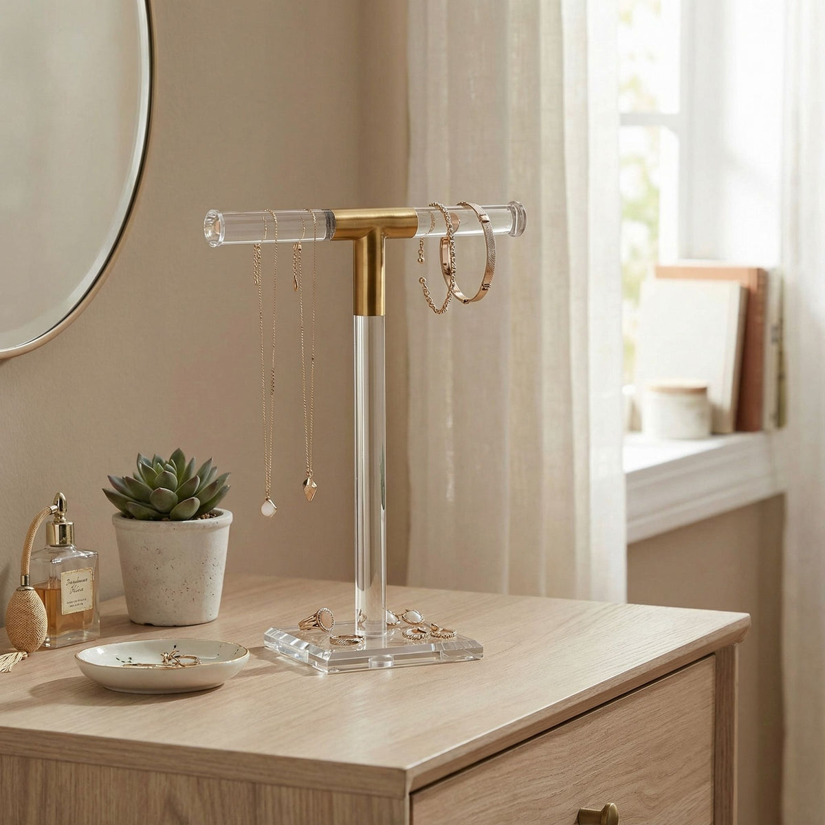 Tanzanite Acrylic Jewelry Stand with Brass Accents