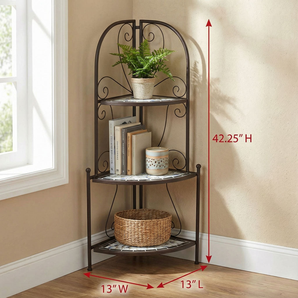 Cortesi Home Zook Freestanding Corner Shelf, White Mosaic Brown Metal