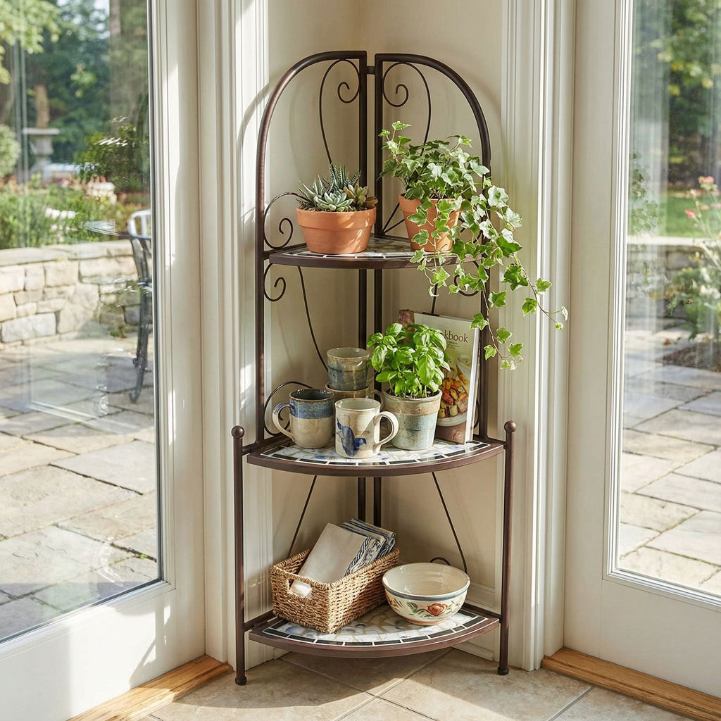 Cortesi Home Zook Freestanding Corner Shelf, White Mosaic Brown Metal