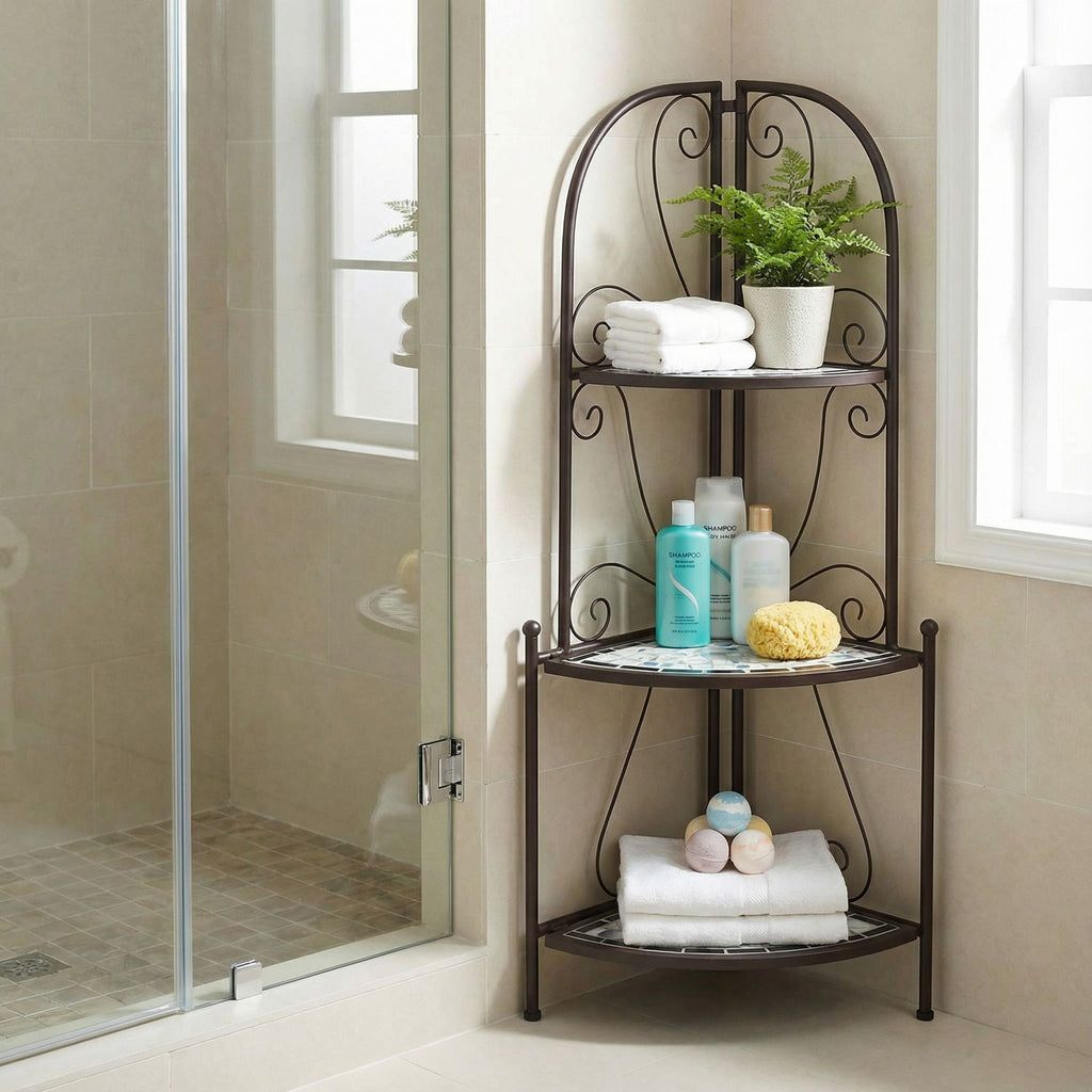 Cortesi Home Zook Freestanding Corner Shelf, White Mosaic Brown Metal