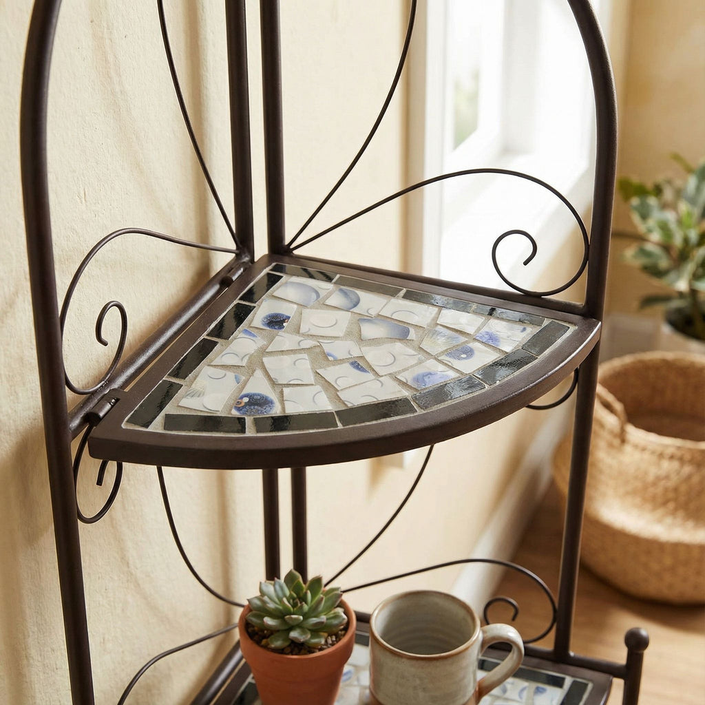 Cortesi Home Zook Freestanding Corner Shelf, White Mosaic Brown Metal