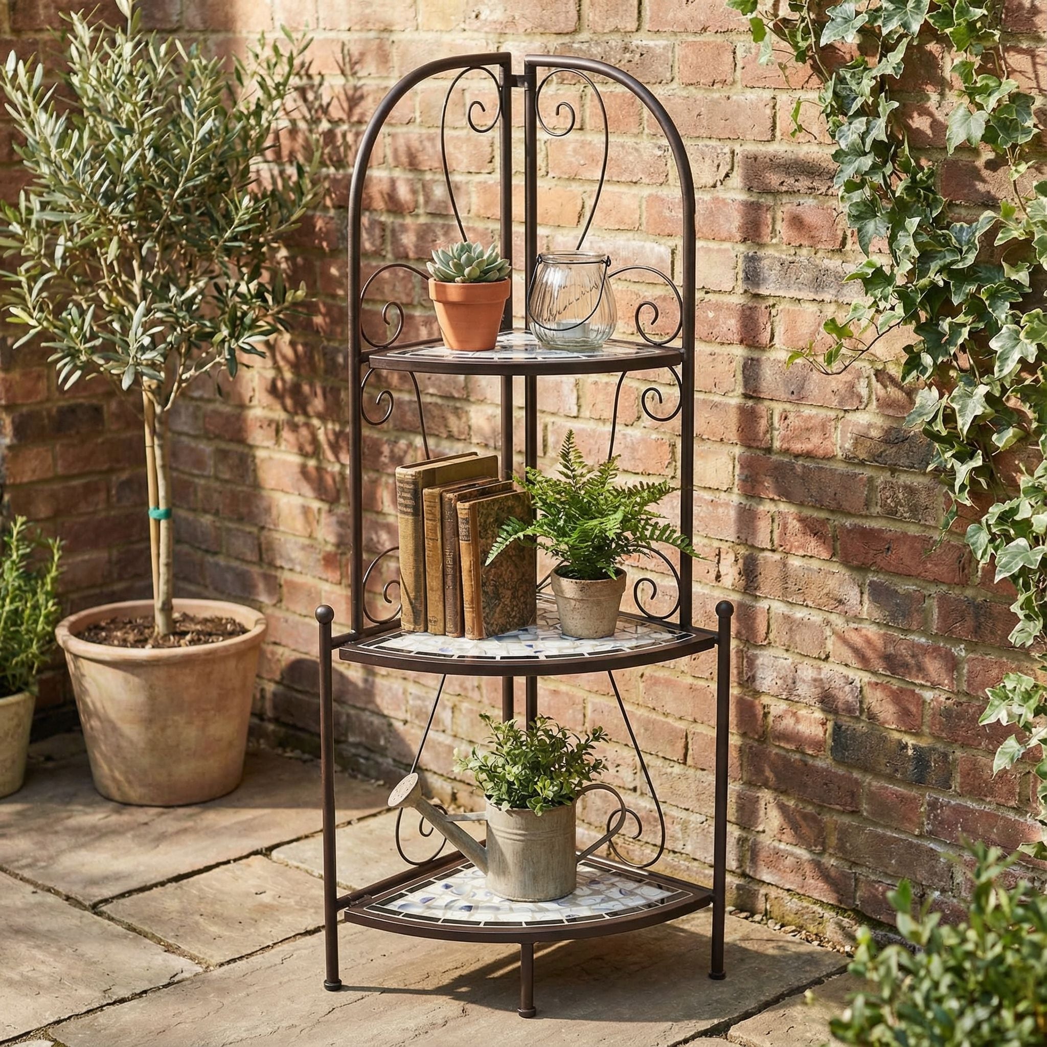 Cortesi Home Zook Freestanding Corner Shelf, White Mosaic Brown Metal