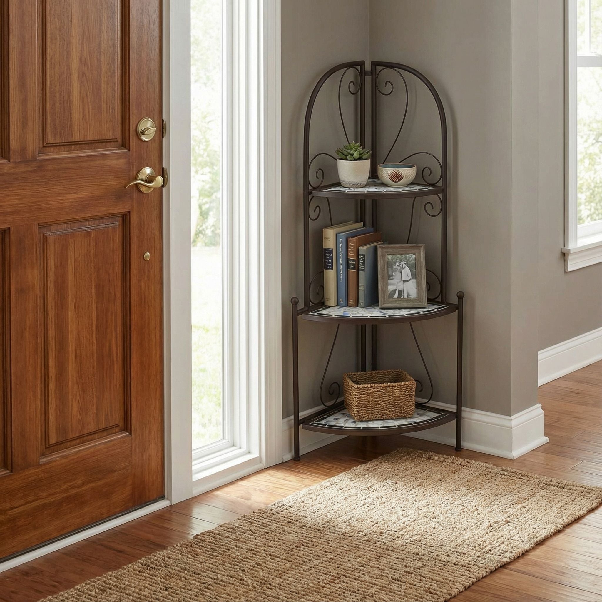 Cortesi Home Zook Freestanding Corner Shelf, White Mosaic Brown Metal