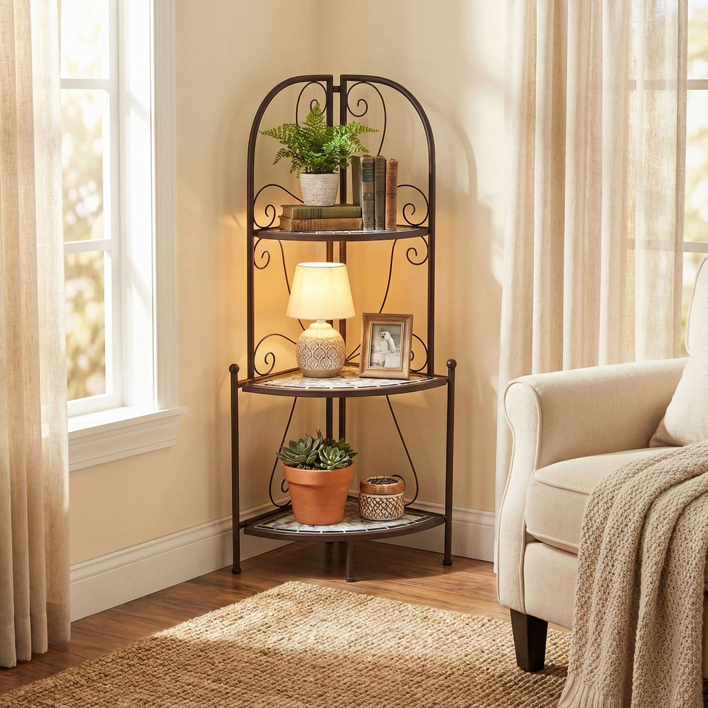 Cortesi Home Zook Freestanding Corner Shelf, White Mosaic Brown Metal