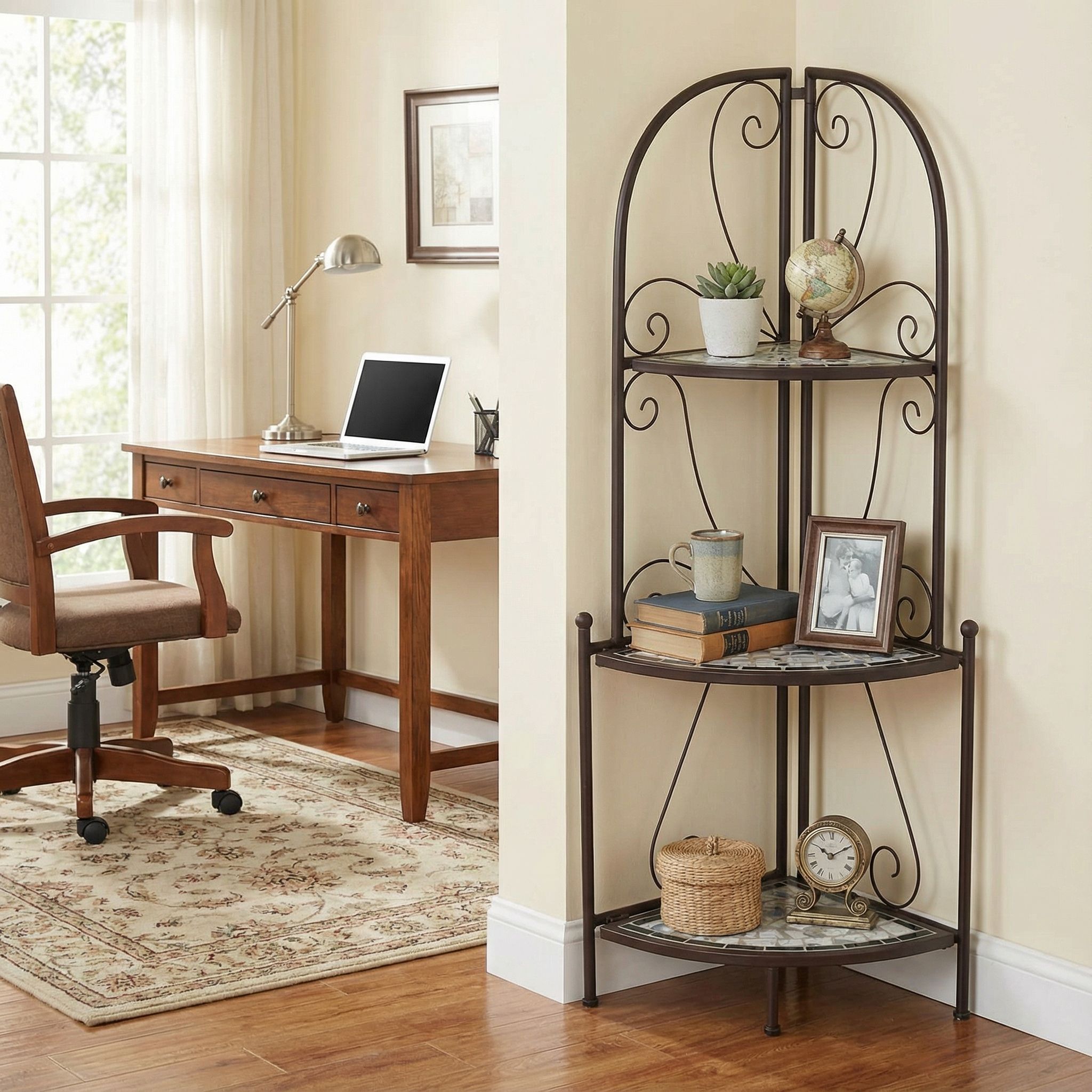 Cortesi Home Zook Freestanding Corner Shelf, White Mosaic Brown Metal