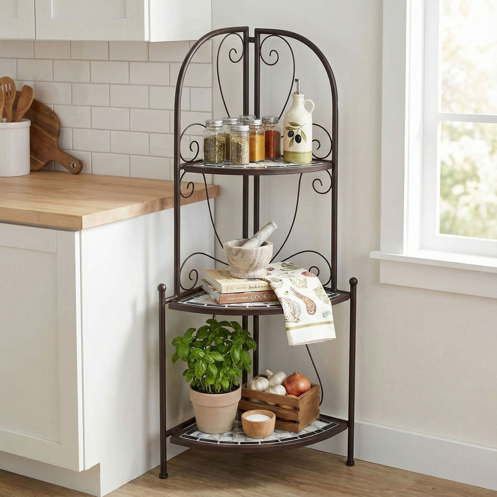 Cortesi Home Zook Freestanding Corner Shelf, White Mosaic Brown Metal