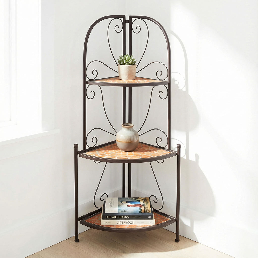 Zook Mosaic Corner Shelf, Brown Metal, Terracotta Tile Inlay