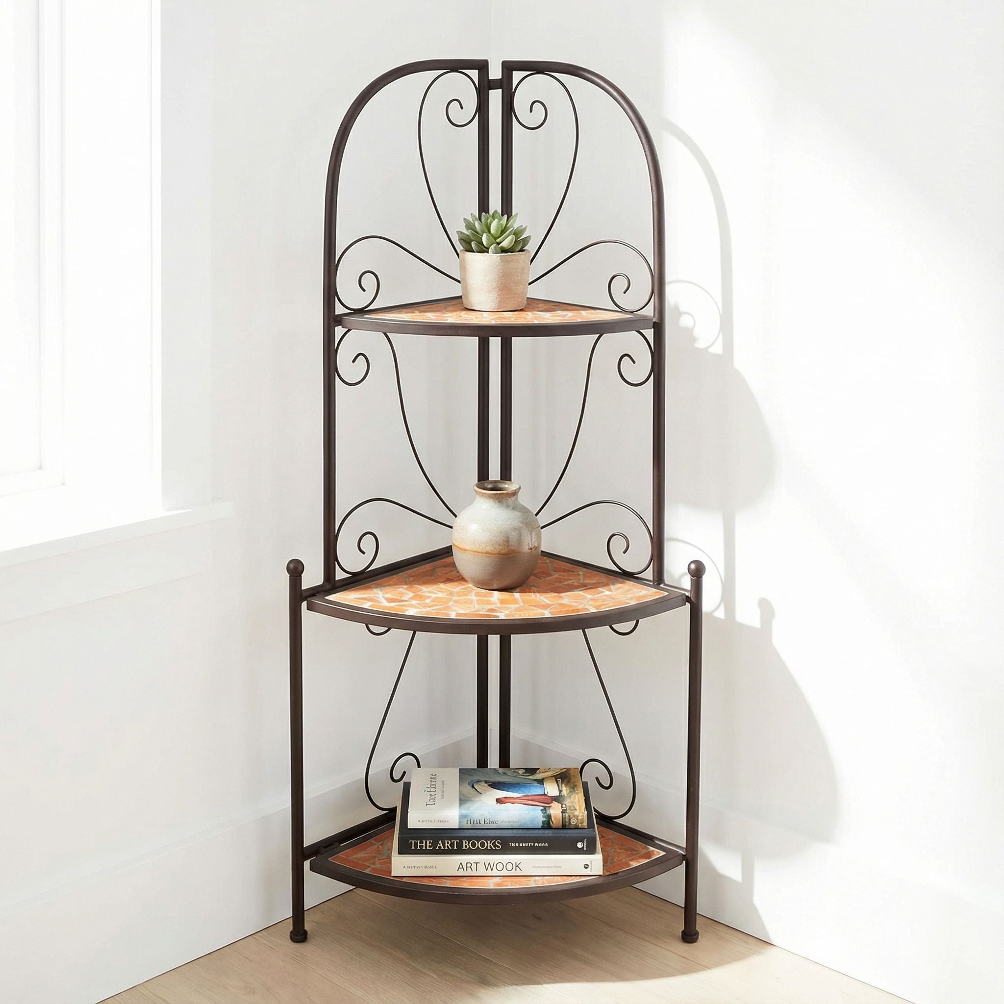 Zook Mosaic Corner Shelf, Brown Metal, Terracotta Tile Inlay