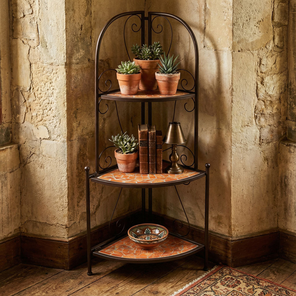Zook Mosaic Corner Shelf, Brown Metal, Terracotta Tile Inlay