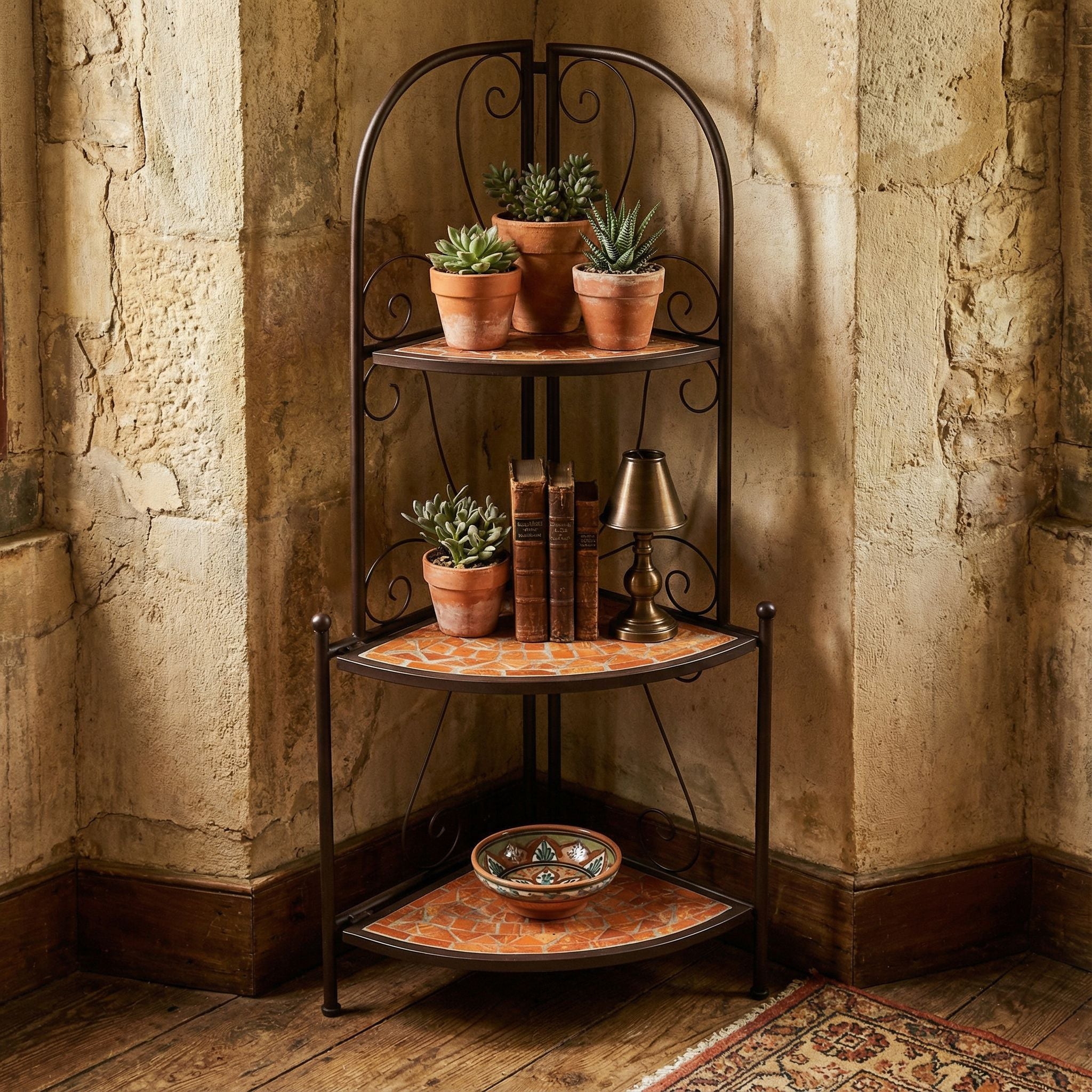 Zook Mosaic Corner Shelf, Brown Metal, Terracotta Tile Inlay
