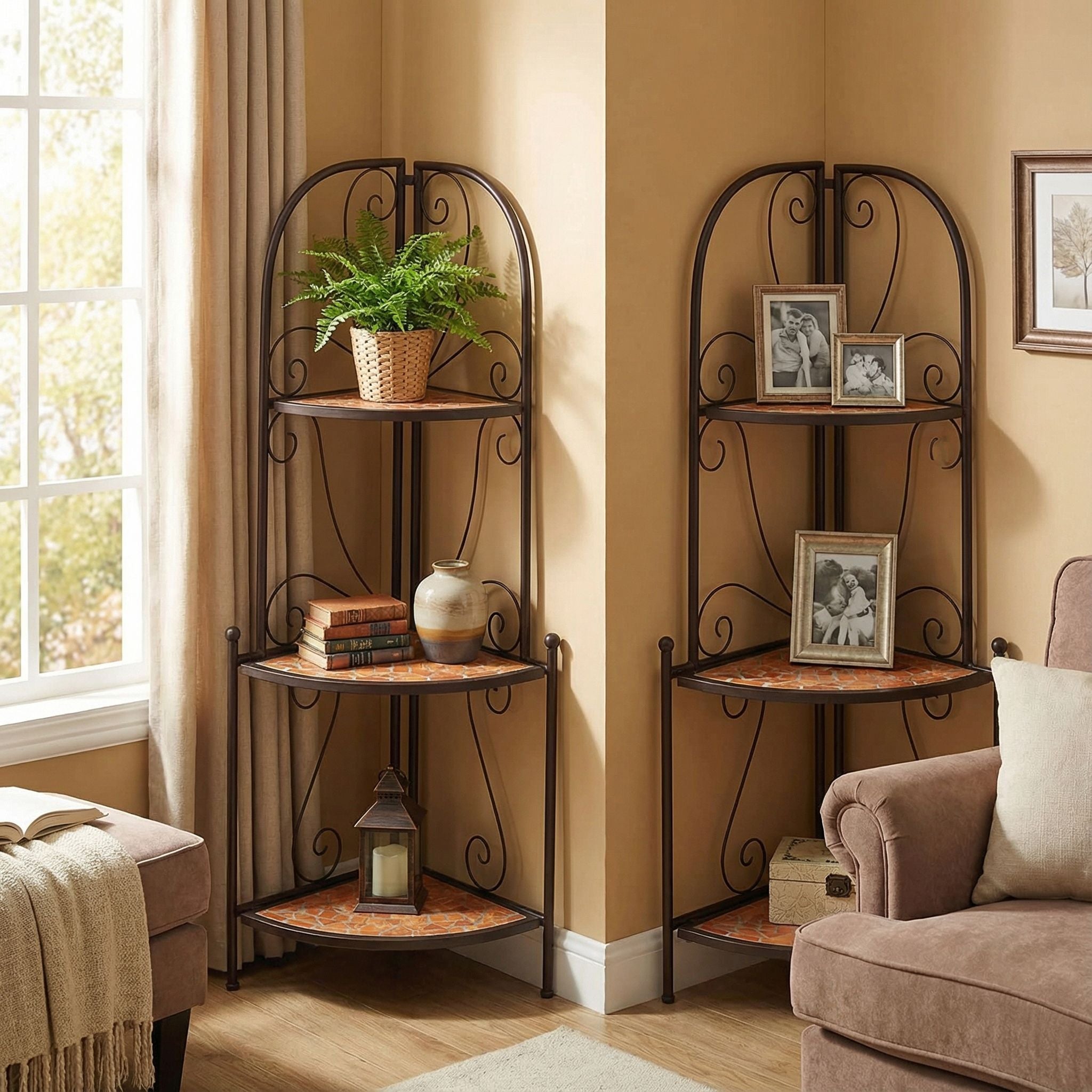 Zook Mosaic Corner Shelf, Brown Metal, Terracotta Tile Inlay