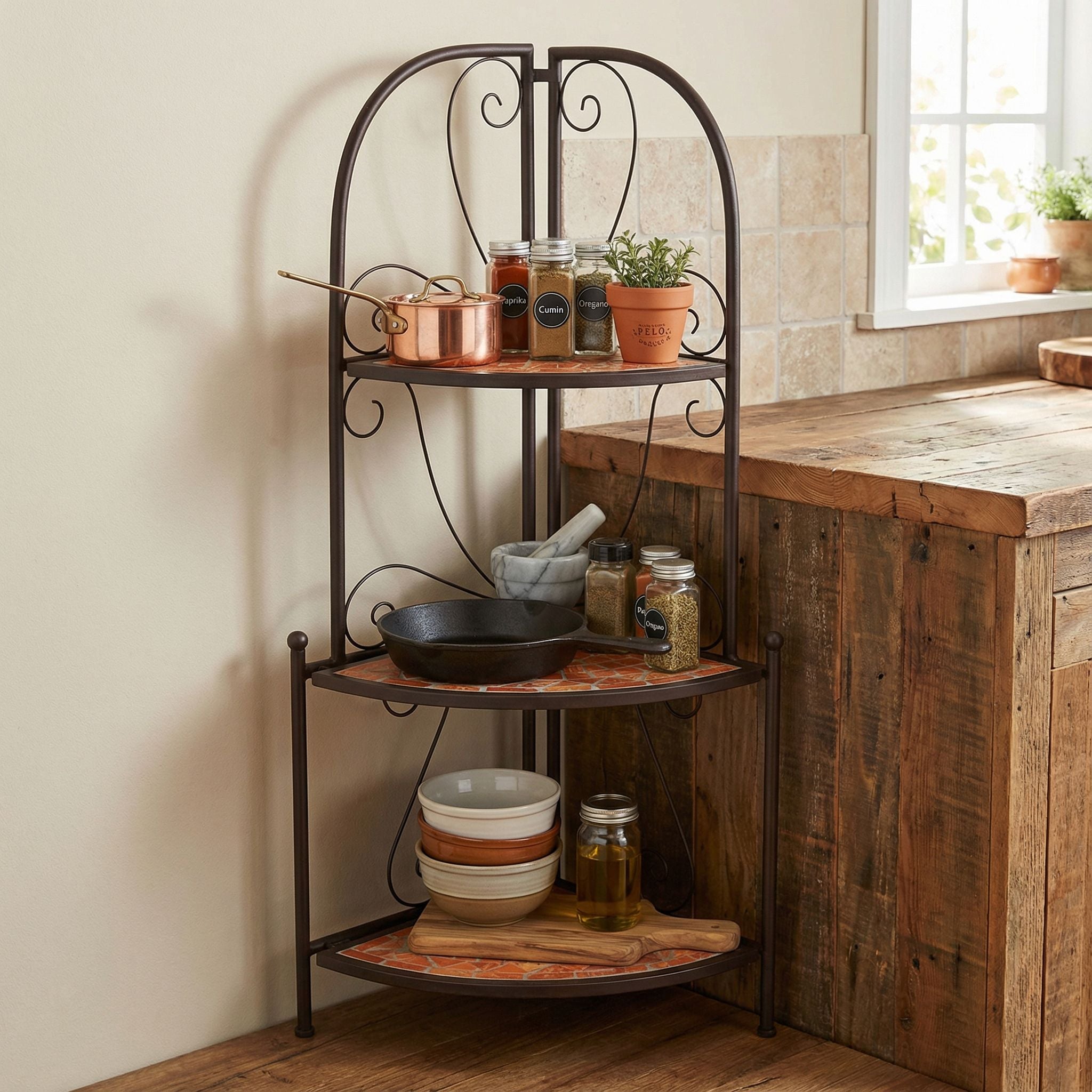 Zook Mosaic Corner Shelf, Brown Metal, Terracotta Tile Inlay