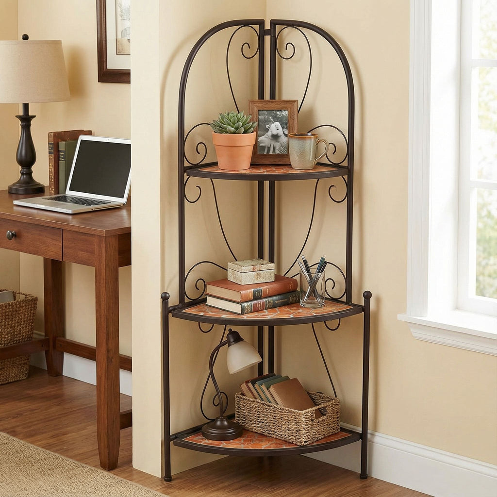 Zook Mosaic Corner Shelf, Brown Metal, Terracotta Tile Inlay
