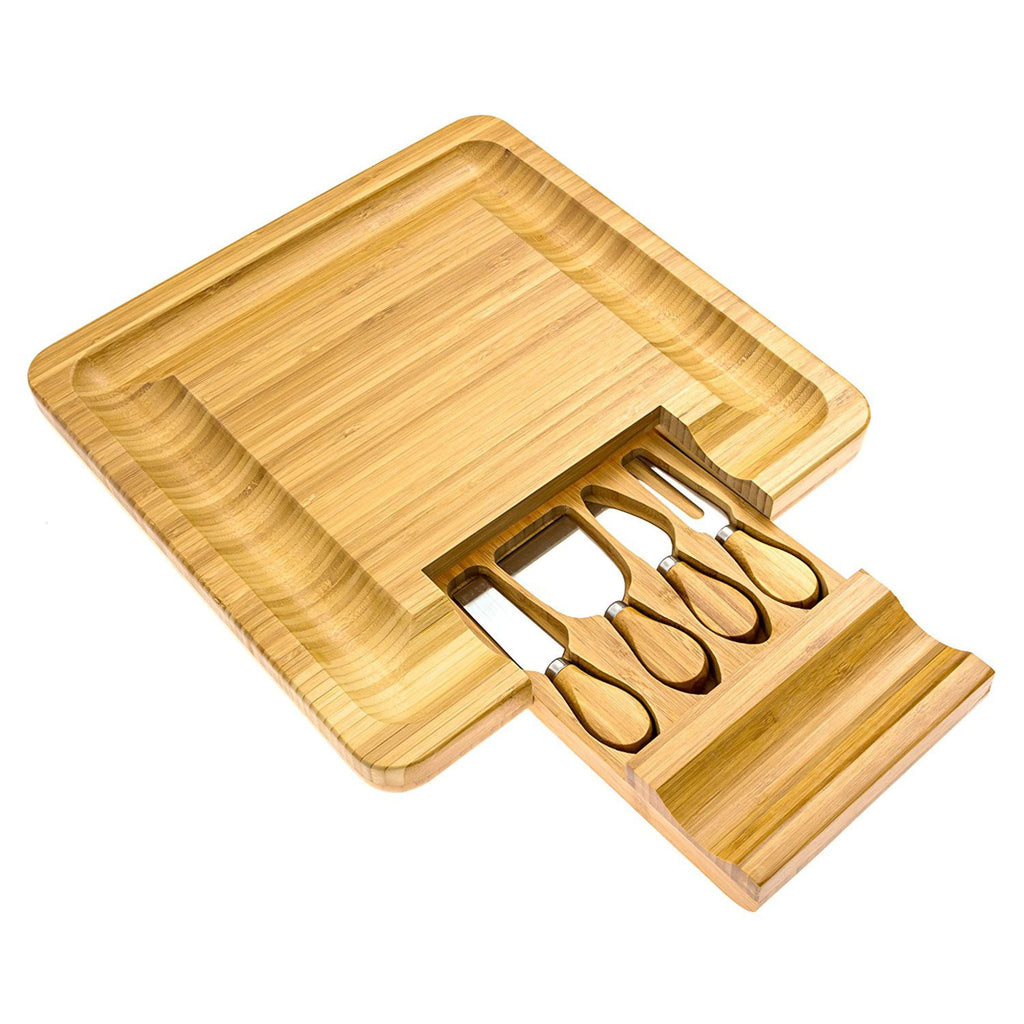 Handi Natural Bamboo Cheese Serving Board Table Set with 4 Stainless Steel Knives