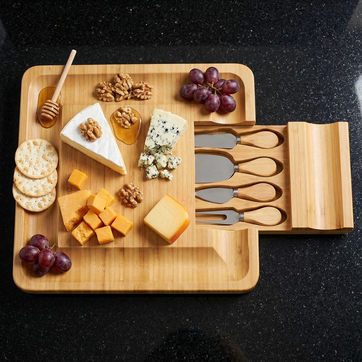 Handi Natural Bamboo Cheese Serving Board Table Set with 4 Stainless Steel Knives