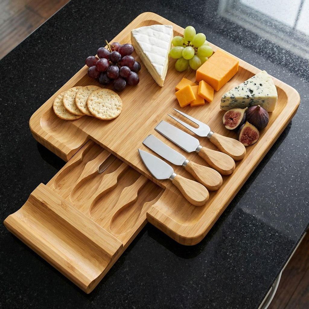 Handi Natural Bamboo Cheese Serving Board Table Set with 4 Stainless Steel Knives
