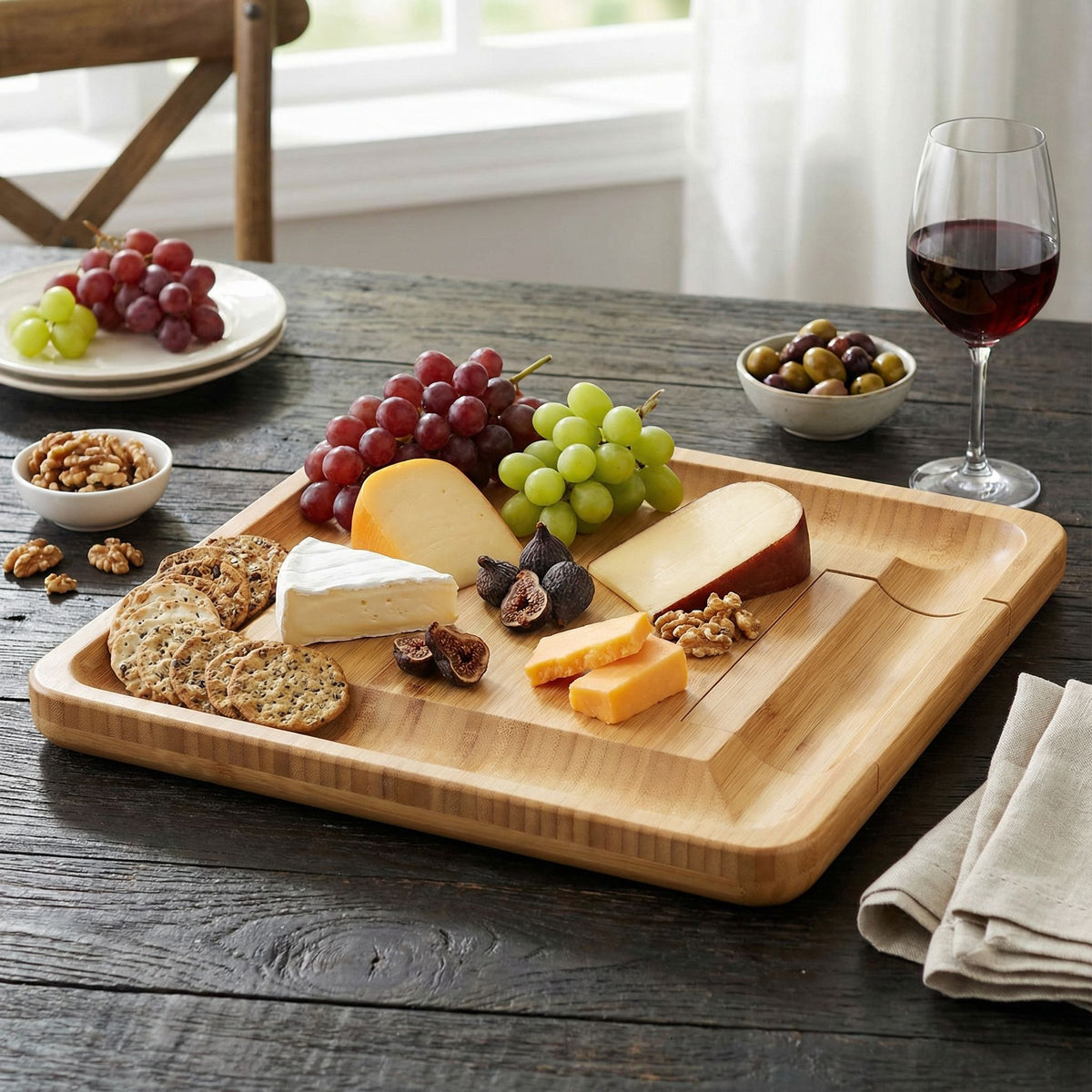 Handi Natural Bamboo Cheese Serving Board Table Set with 4 Stainless Steel Knives