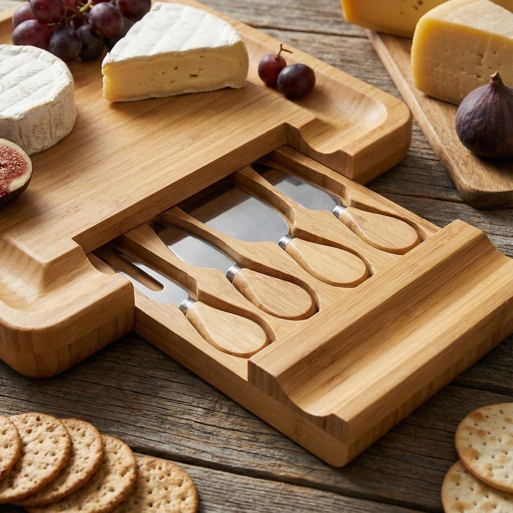 Handi Natural Bamboo Cheese Serving Board Table Set with 4 Stainless Steel Knives