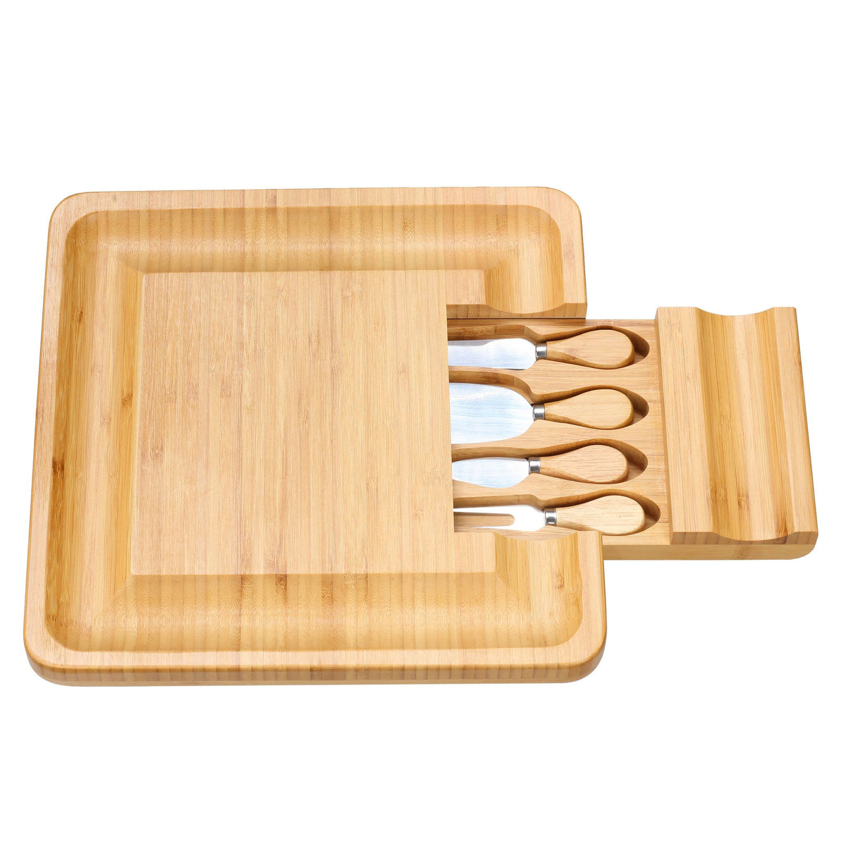 Handi Natural Bamboo Cheese Serving Board Table Set with 4 Stainless Steel Knives