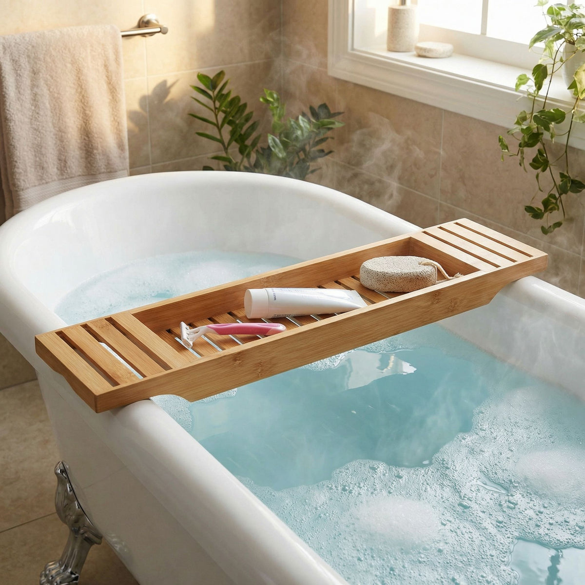 Cortesi Home Sophia Natural Bamboo Bathtub Caddy, 27.5 in Wide