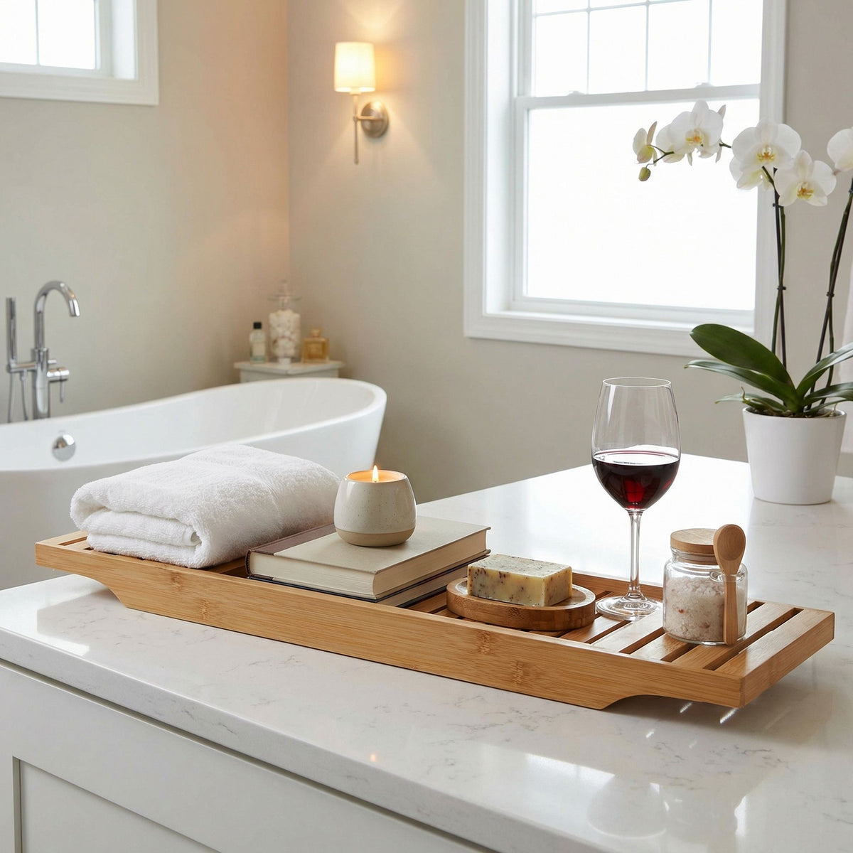 Cortesi Home Sophia Natural Bamboo Bathtub Caddy, 27.5 in Wide